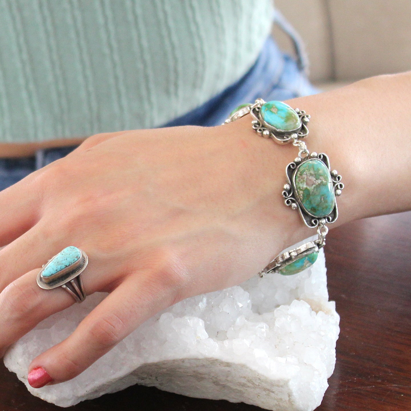 Sonoran MountainTurquoise Bracelet Sterling Scroll Design Multi Stone -NewWorldGems