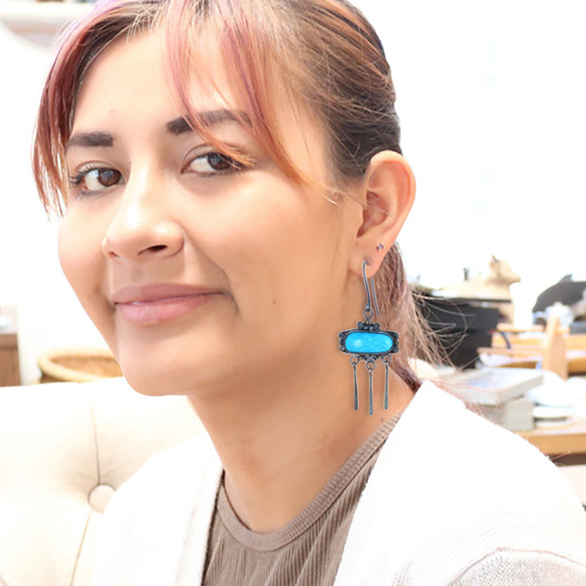 Kingman Turquoise Scroll Earrings Sterling Sky Blue Portrait -NewWorldGems