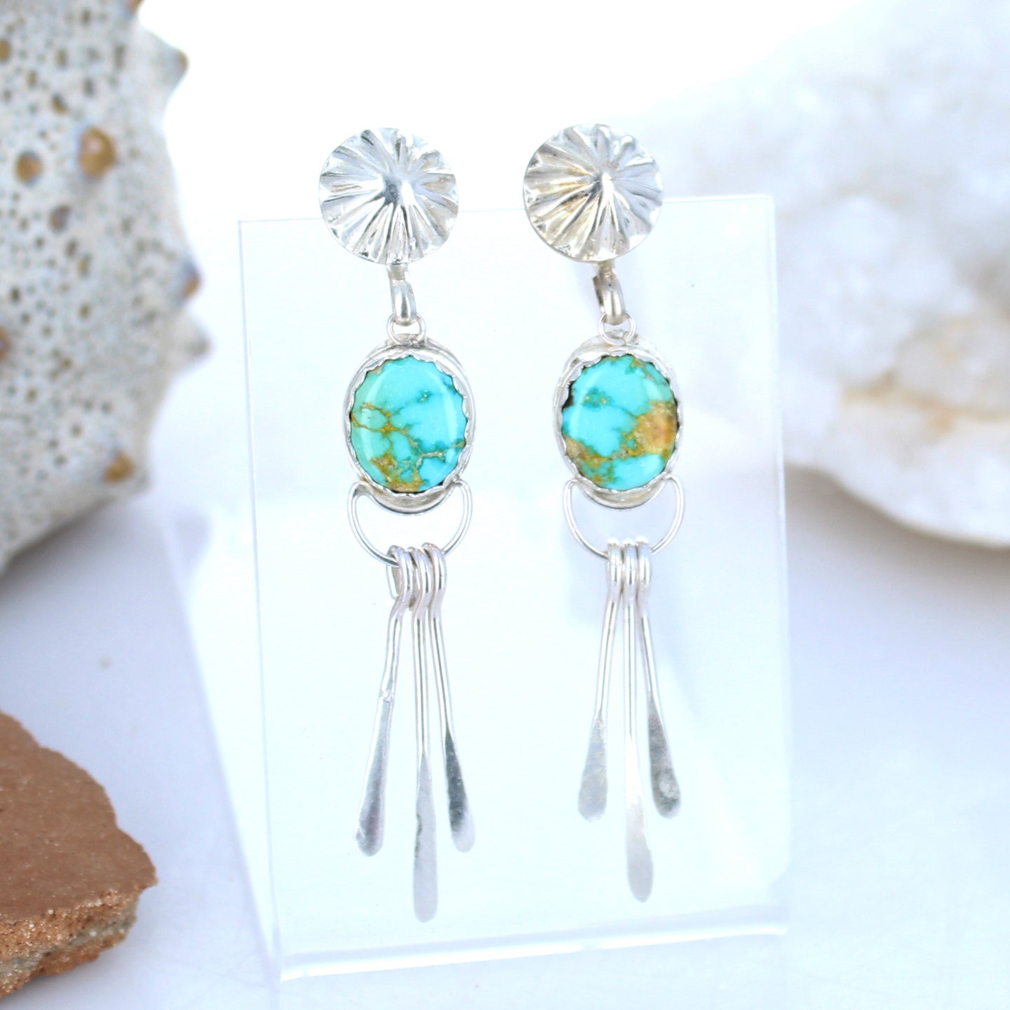 AAA Sonoran Mountain Turquoise Moon Earrings Dangles Southwest Oval Posts -NewWorldGems