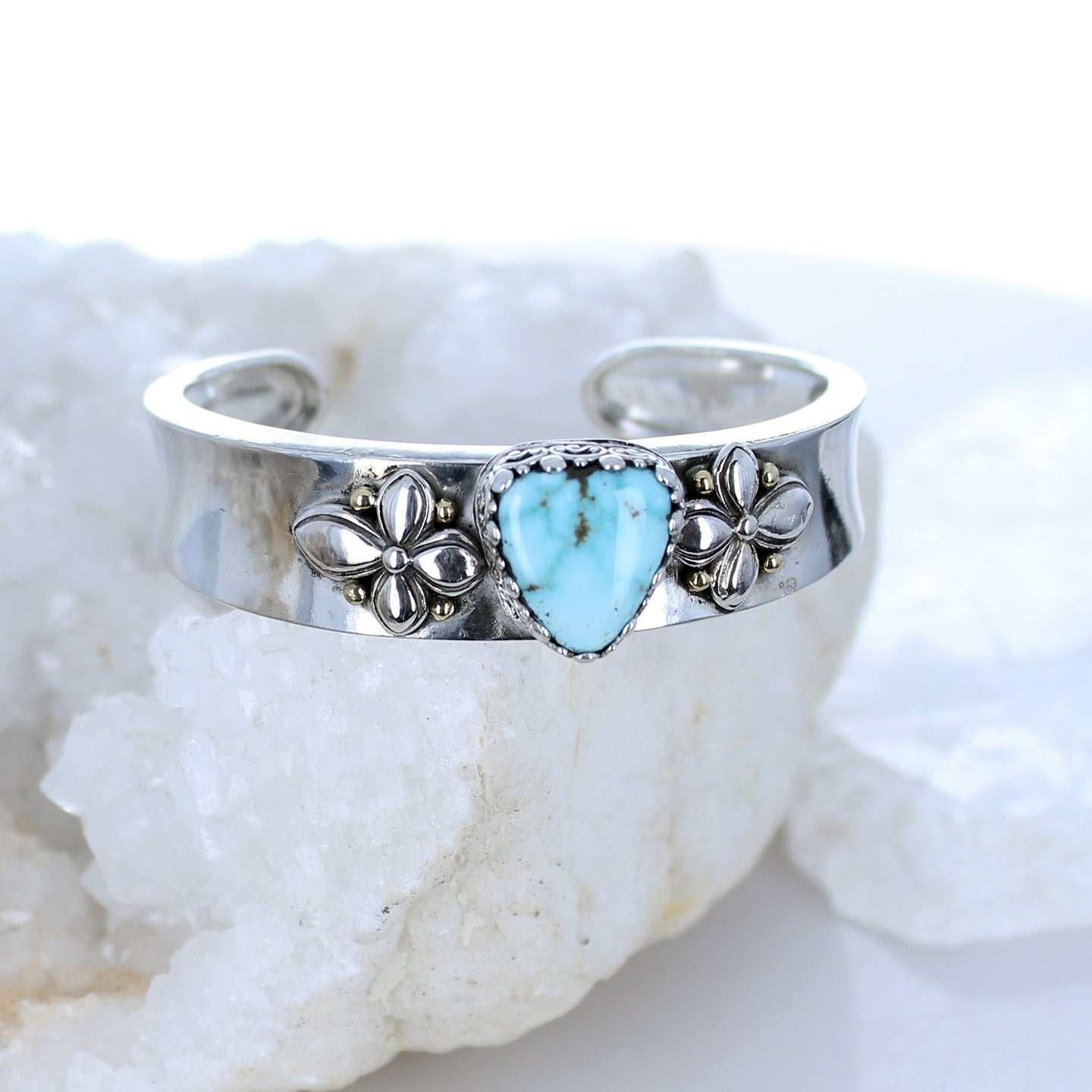 Rare Dry Creek Turquoise Bracelet Sterling Cuff 18K Gold -NewWorldGems