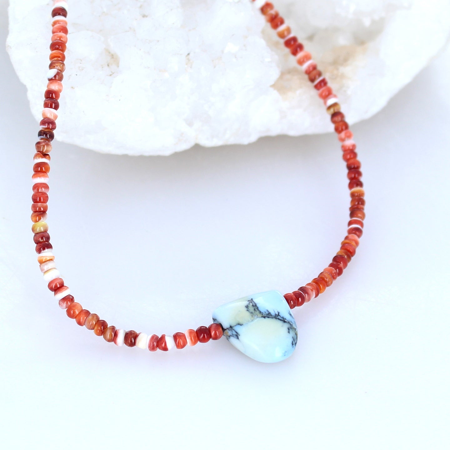 White Buffalo Turquoise And Red Spiny Oyster Necklace Southwest 16.5" #2 -NewWorldGems