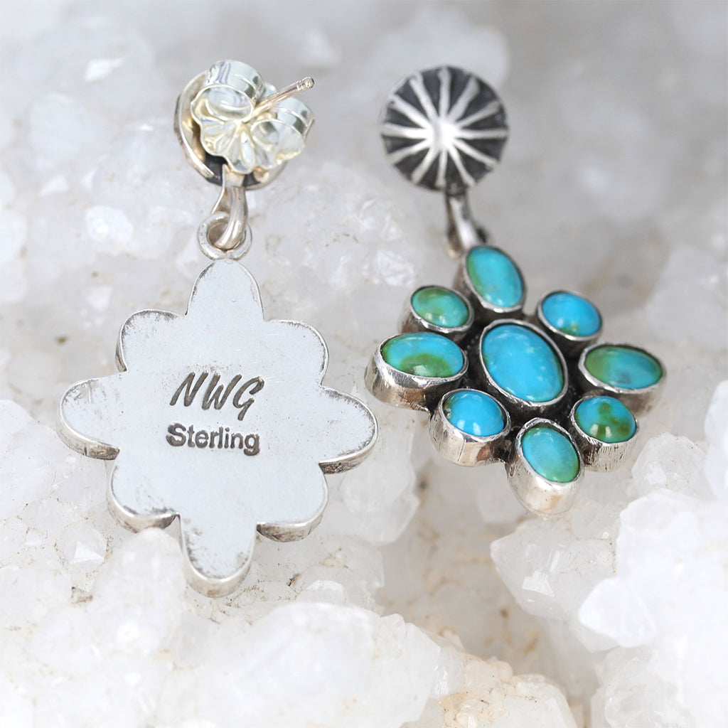 Blue Green Sonoran Gold Turquoise Flower Earrings Southwest 9 Stones -NewWorldGems