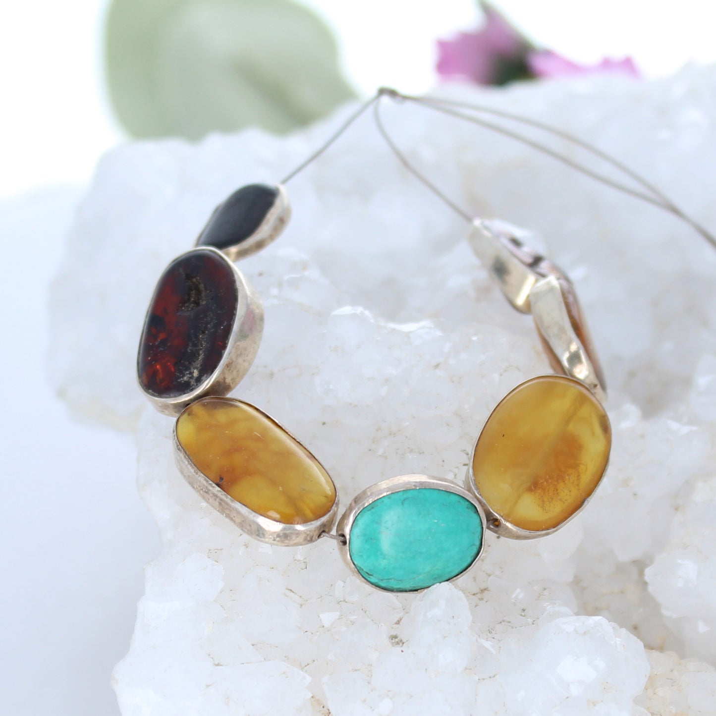 STERLING SILVER RIMMED Kingman Turquoise and Amber Beads -NewWorldGems