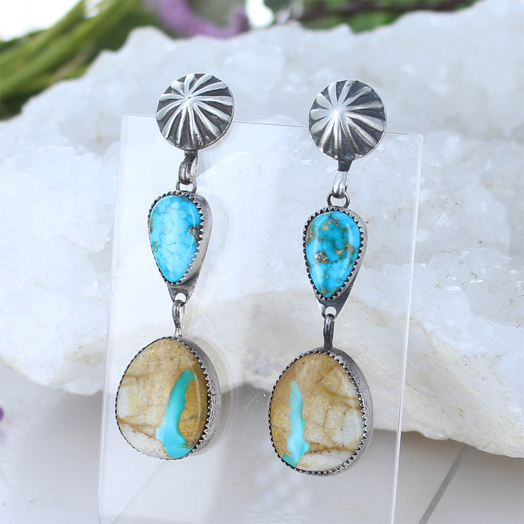 Royston Mine Earrings Elongated Ovals Southwest 2 Stone 2.5" -NewWorldGems
