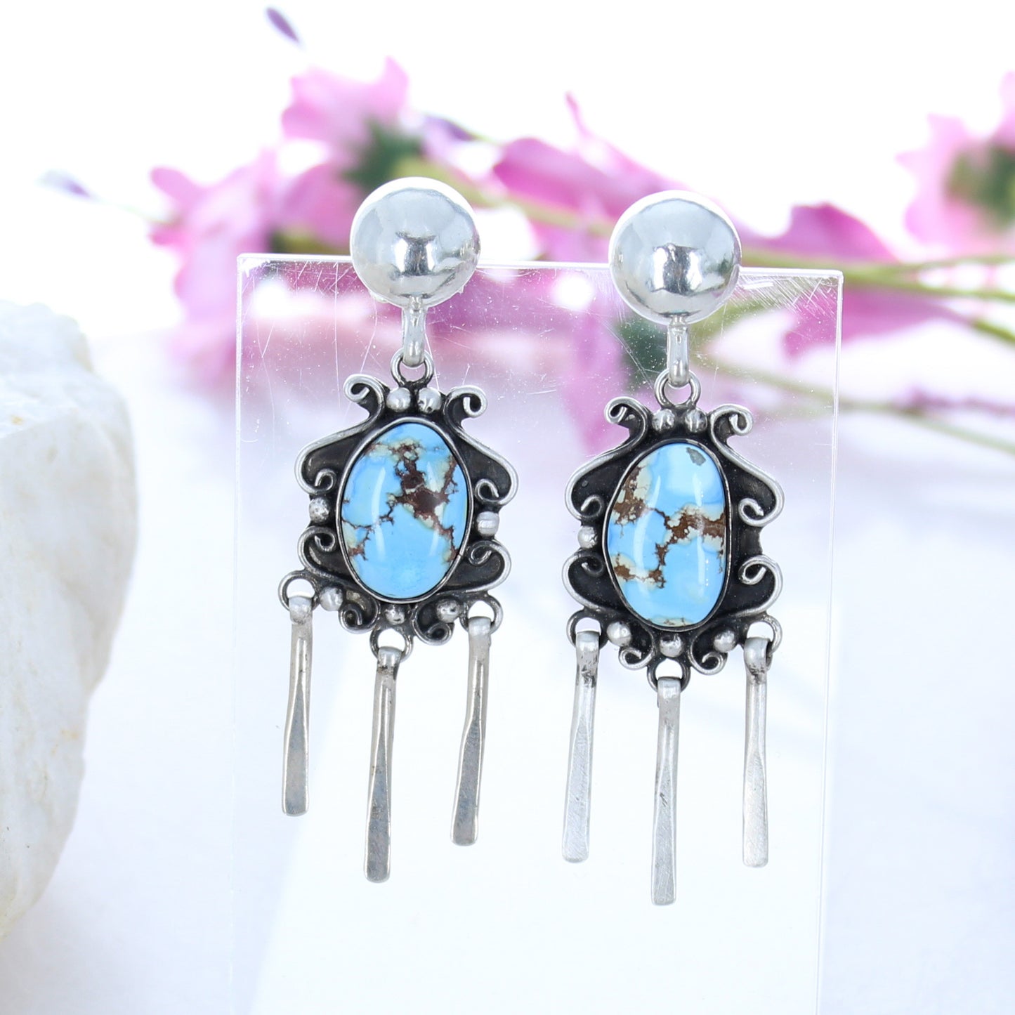 KAZKHASTAN TURQUOISE Scroll Earrings Sterling Blue Golden -NewWorldGems