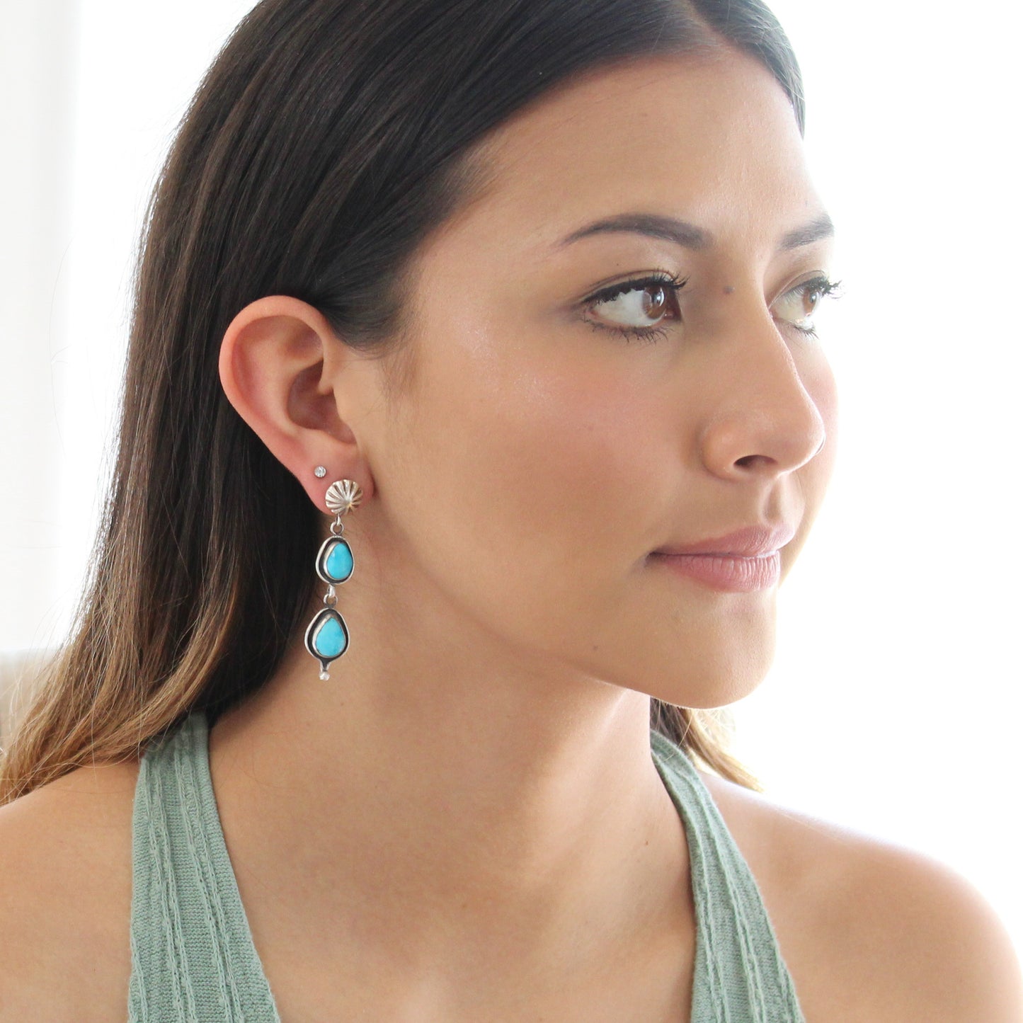 Blue Ridge Orvil Jack Turquoise Earrings 2 Stone Sunburst Post -NewWorldGems