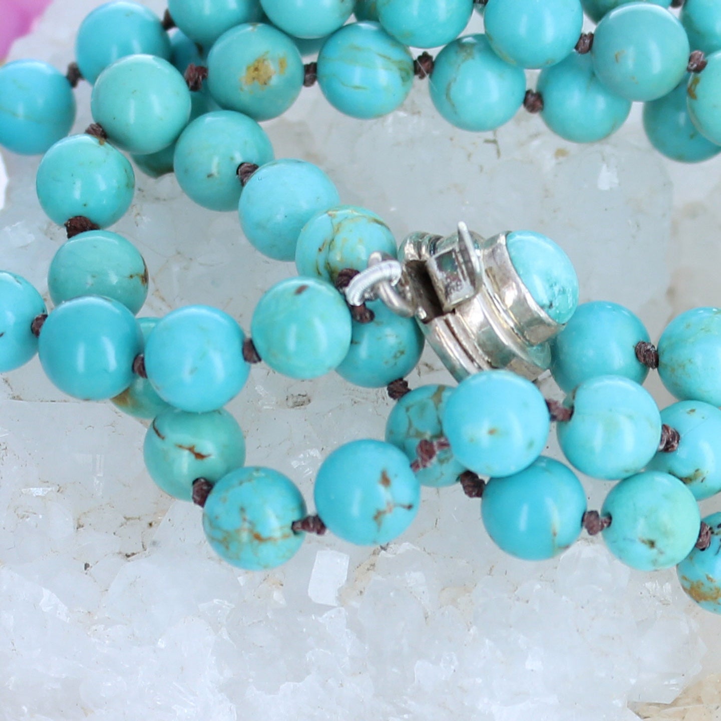 AAA Turquoise Necklace Knotted 8mm Round Beads -NewWorldGems