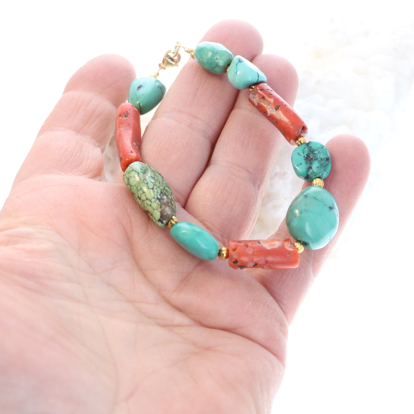 Antique Tibetan Turquoise with Coral Aand 18K Gold Bracelet #2 -NewWorldGems