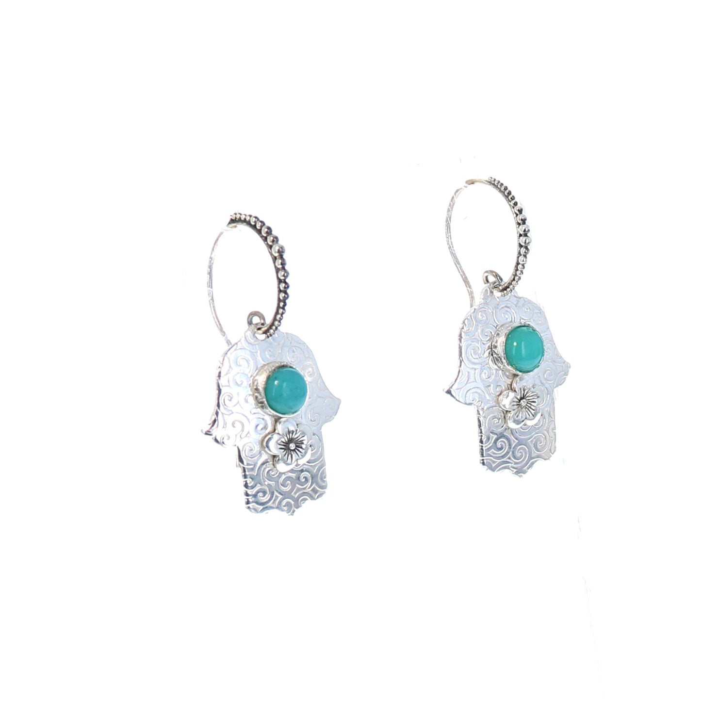 Hamsa Earrings Patterned Sterling Silver And Gem Silica Hoops -NewWorldGems