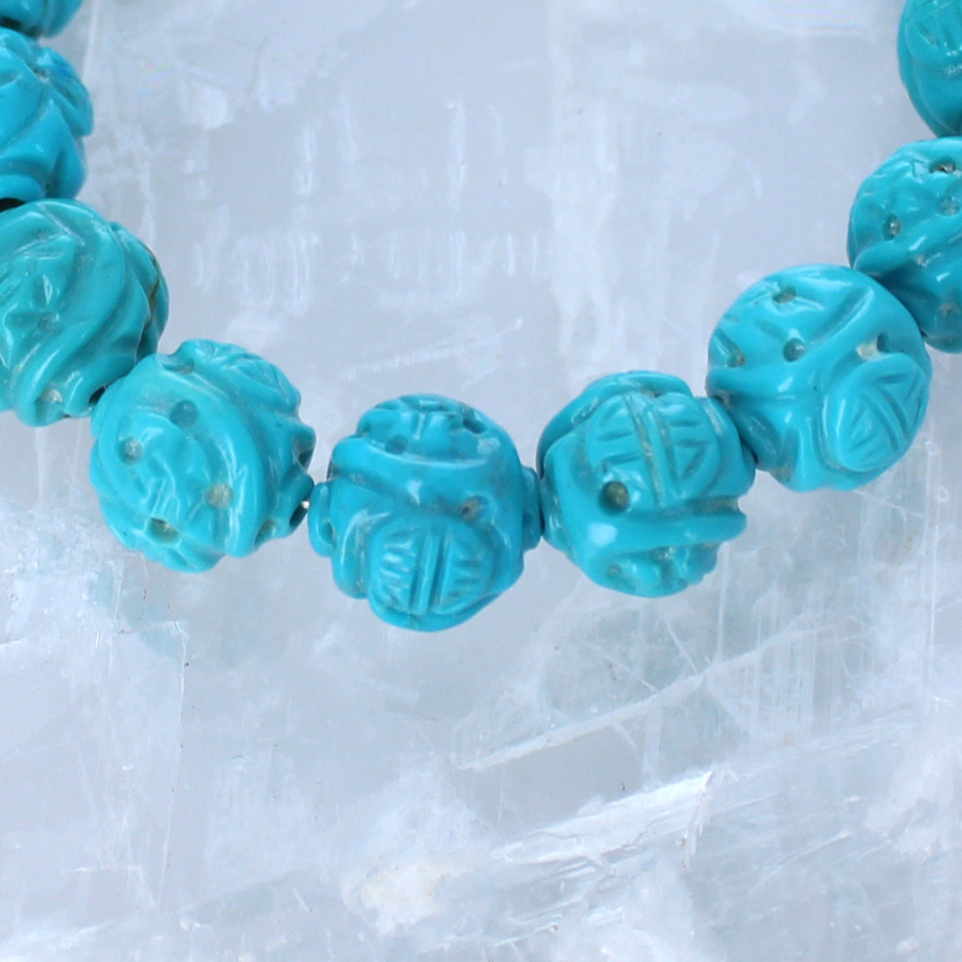 AAA CHINESE TURQUOISE Beads 9mm Carved Longevity Symbols 6" -NewWorldGems