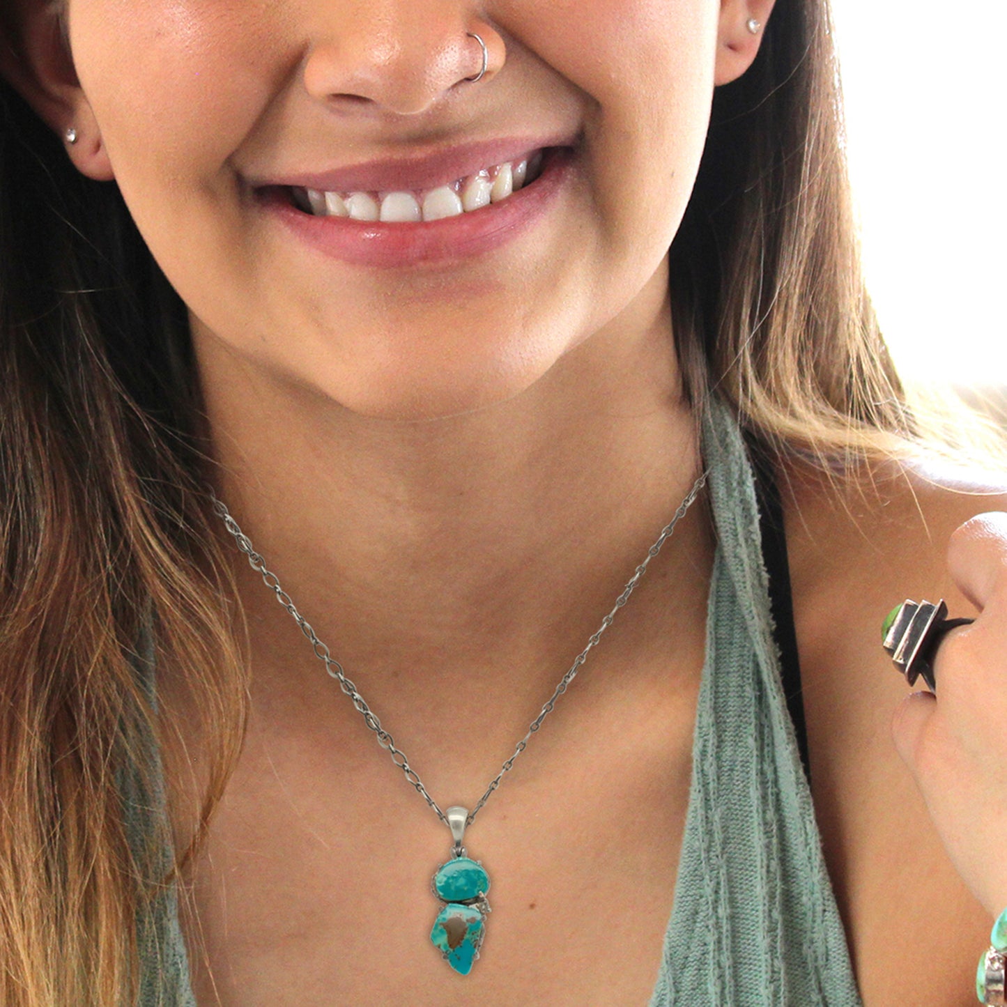 Ray Mine Chrysocolla and Persian Turquoise Sterling Necklace 16" -NewWorldGems