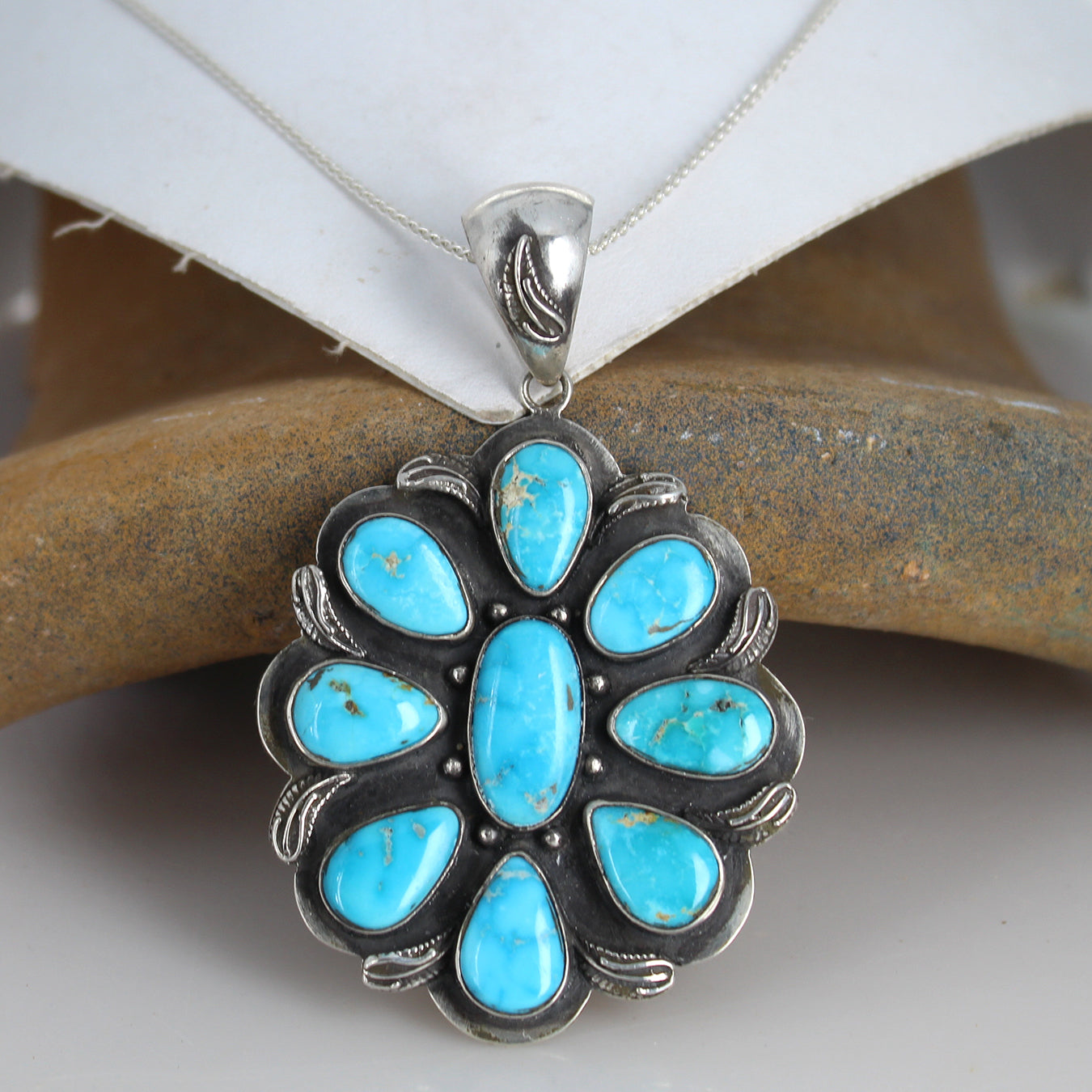 Blue Ridge Nevada Turquoise Pendant Sterling Silver 9 Stone 3" -NewWorldGems