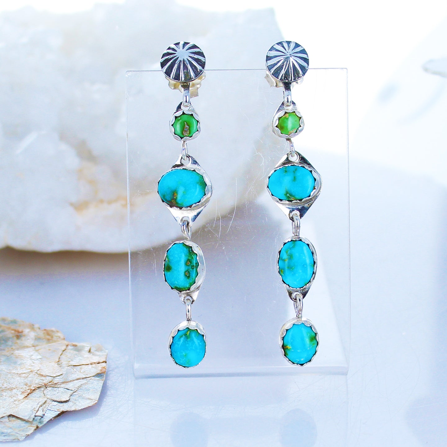 Sonoran Mountain Turquoise Earrings 4 Stone Dangles Sunburst Post -NewWorldGems