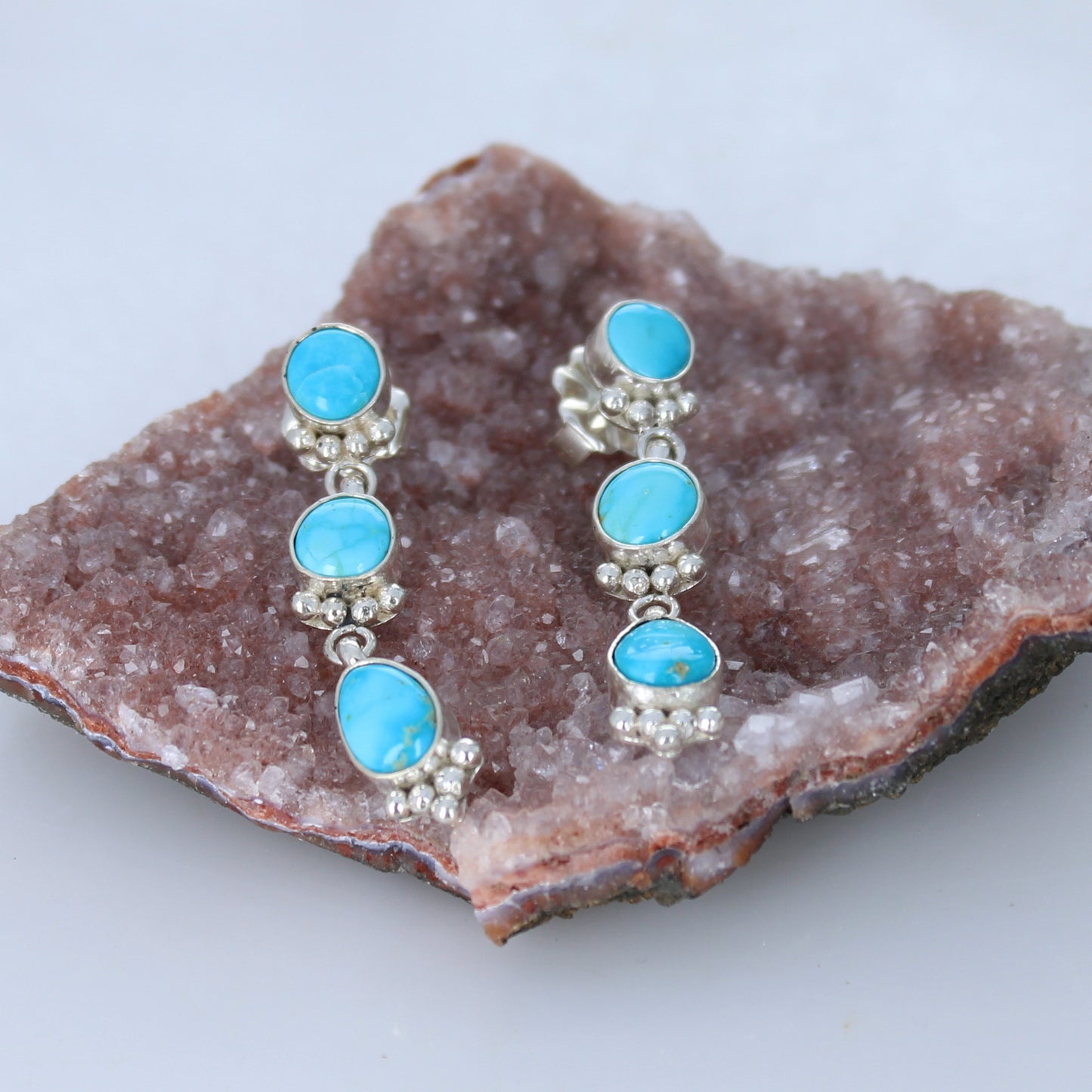 Blue Ridge Turquoise 3 Stone Earrings Sterling Silver Unique Handmade -NewWorldGems