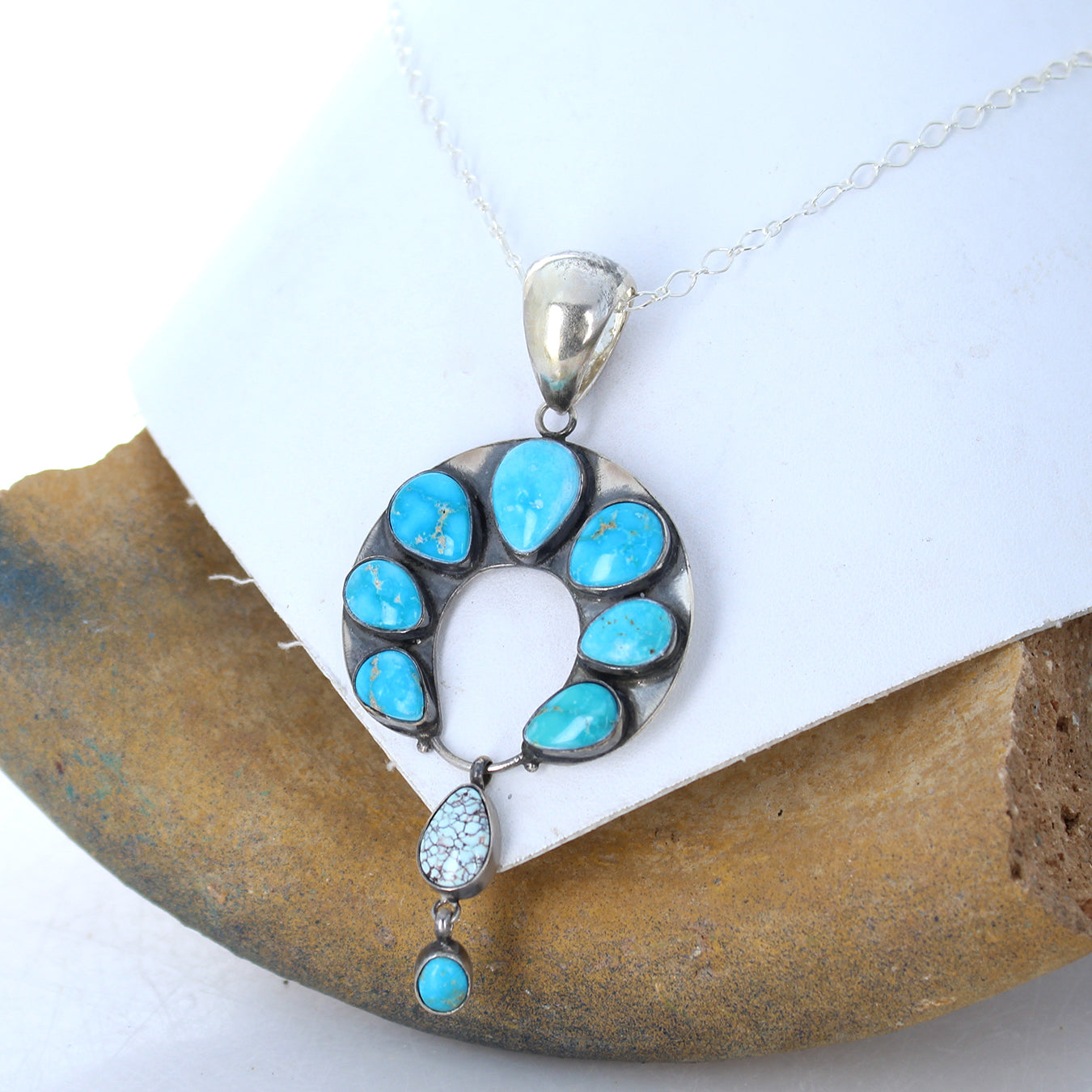 Blue Bird Naja Moon Pendant Sterling with Dry Creek Turquoise Accent -NewWorldGems