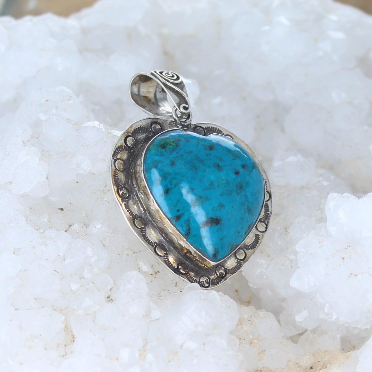 HEART PENDANT Chrysocolla Sterling Southwest Pendant Stamped Designs -NewWorldGems