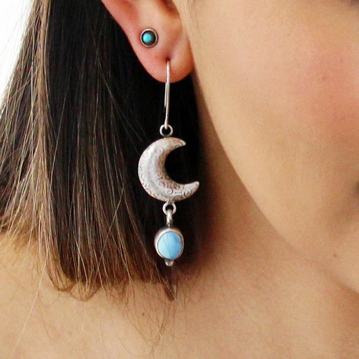 Kazakhstan Turquoise Sterling Silver Spiral Moon Crescent Earrings -NewWorldGems