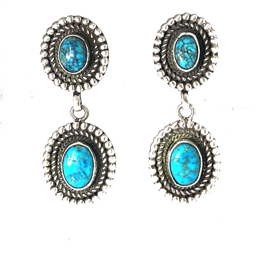Blue Jay Turquoise Earrings 2 Stone with Wire Design Sterling -NewWorldGems