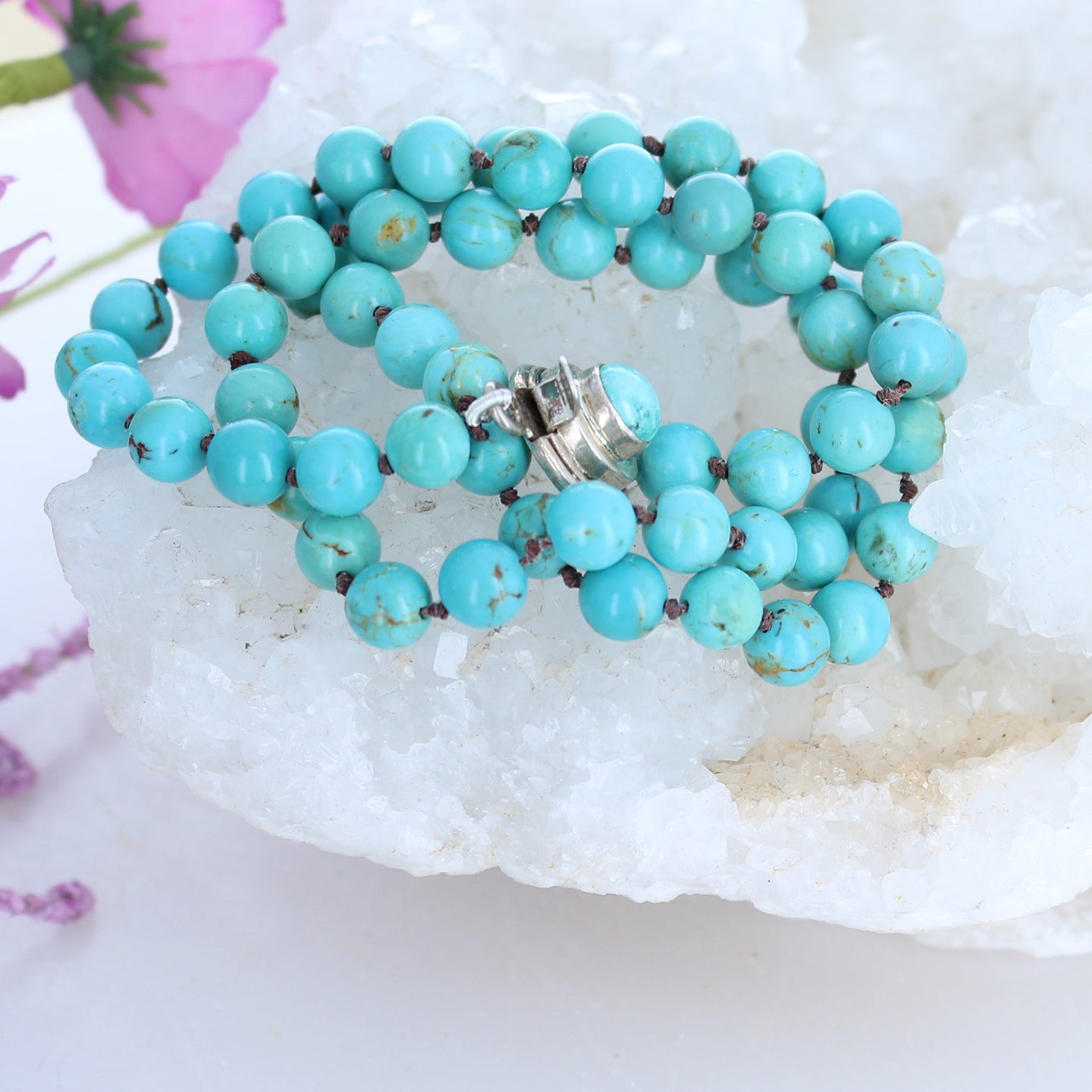 AAA Turquoise Necklace Knotted 8mm Round Beads -NewWorldGems