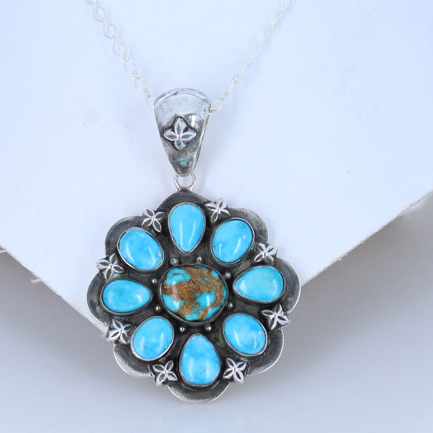 Blue Ridge Beauty Turquoise Pendant Sterling Silver 8 Petal -NewWorldGems