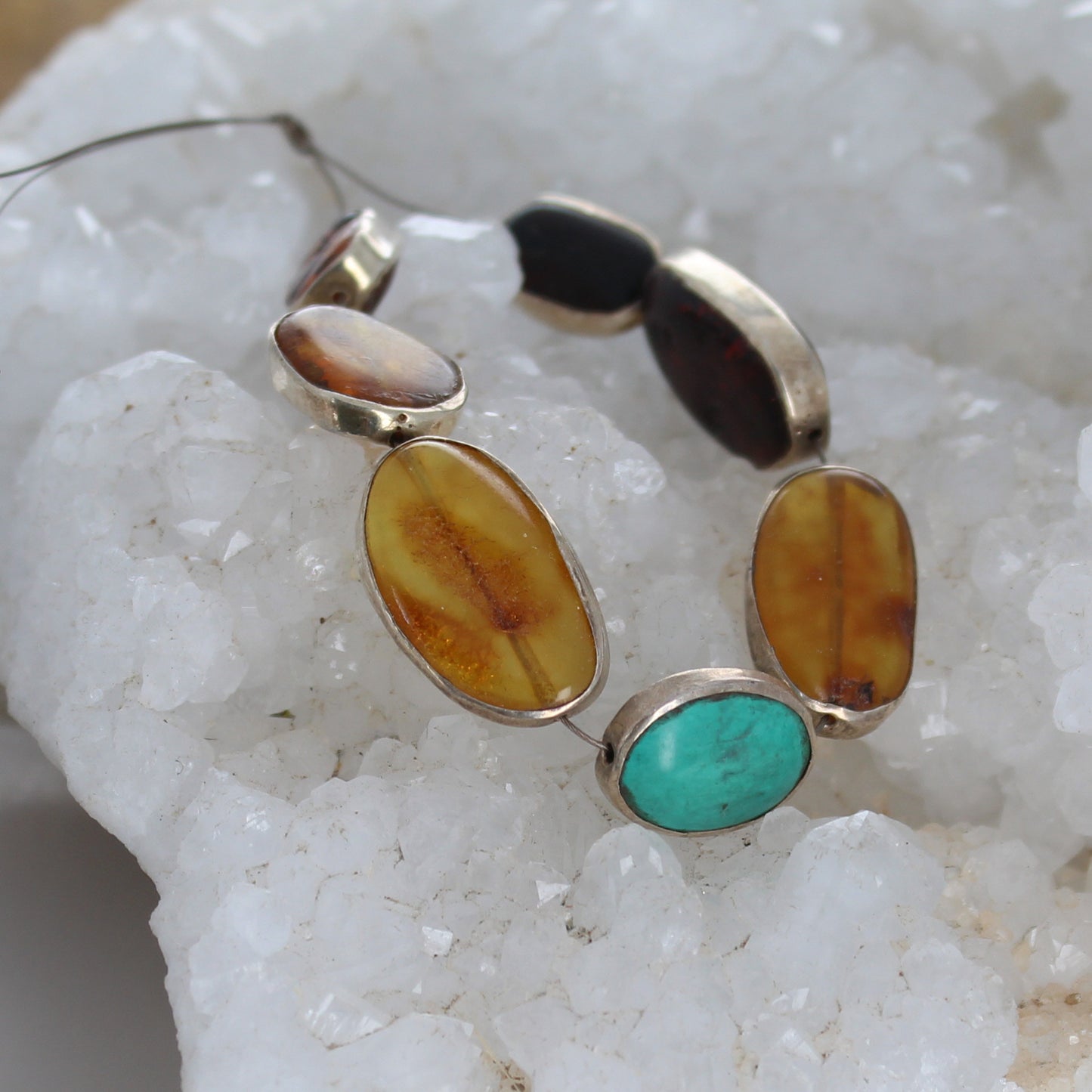 STERLING SILVER RIMMED Kingman Turquoise and Amber Beads -NewWorldGems