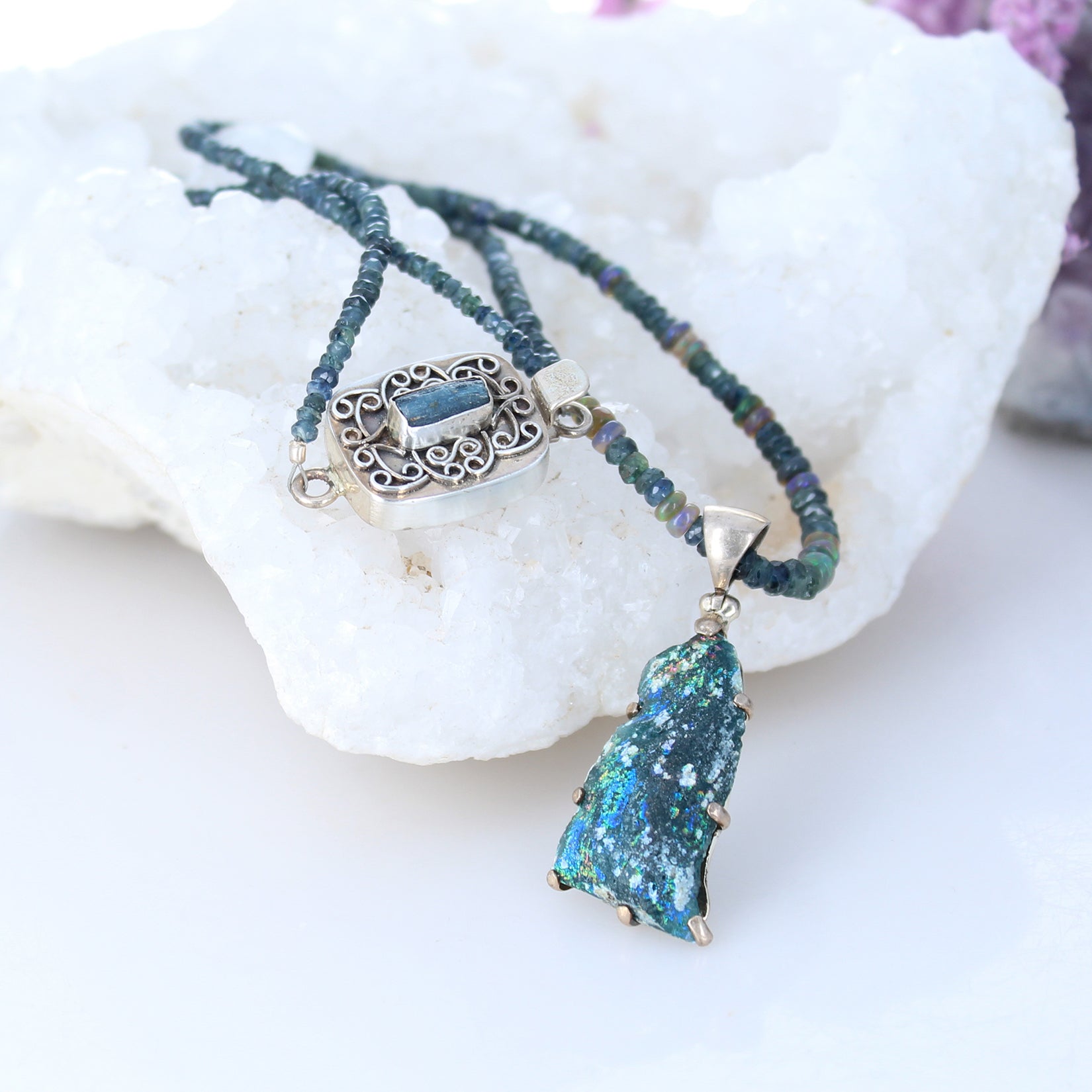 Ancient Roman Glass, Midnight Sapphire And Ethiopian Opal Necklace -NewWorldGems