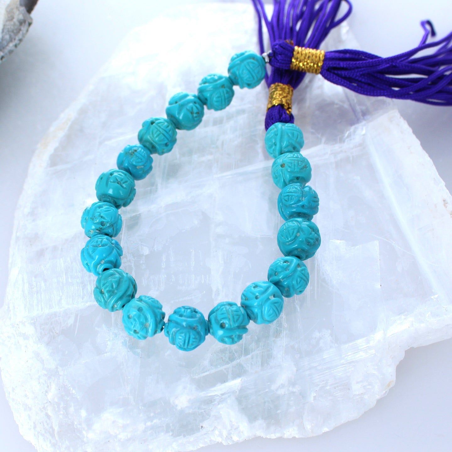 AAA CHINESE TURQUOISE Beads 9mm Carved Longevity Symbols 6" -NewWorldGems