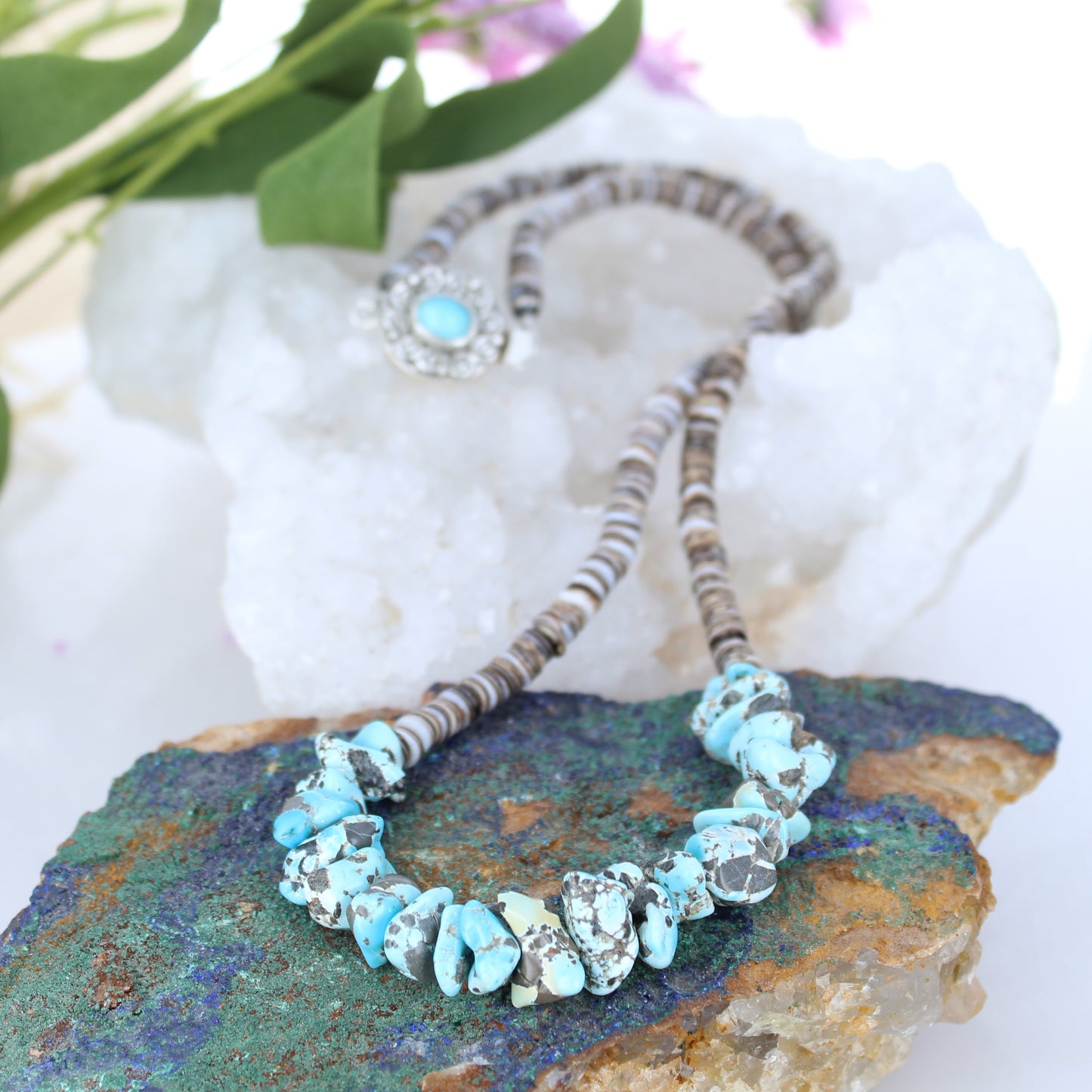 Lone Mountain Turquoise Necklace with Shell Heshi Sterling -NewWorldGems