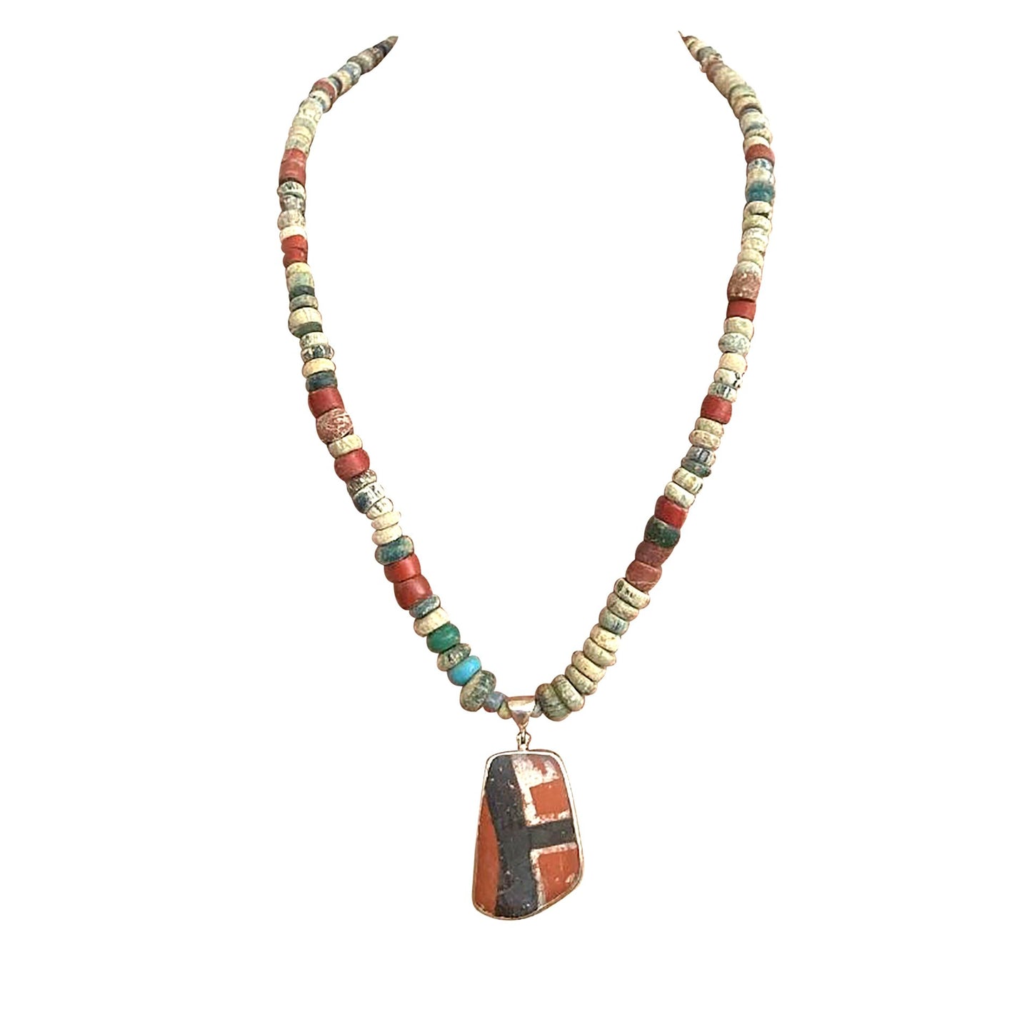 Djenne Ancient Blue Glass Beads Necklace With Anasazi Pottery Pendant -NewWorldGems