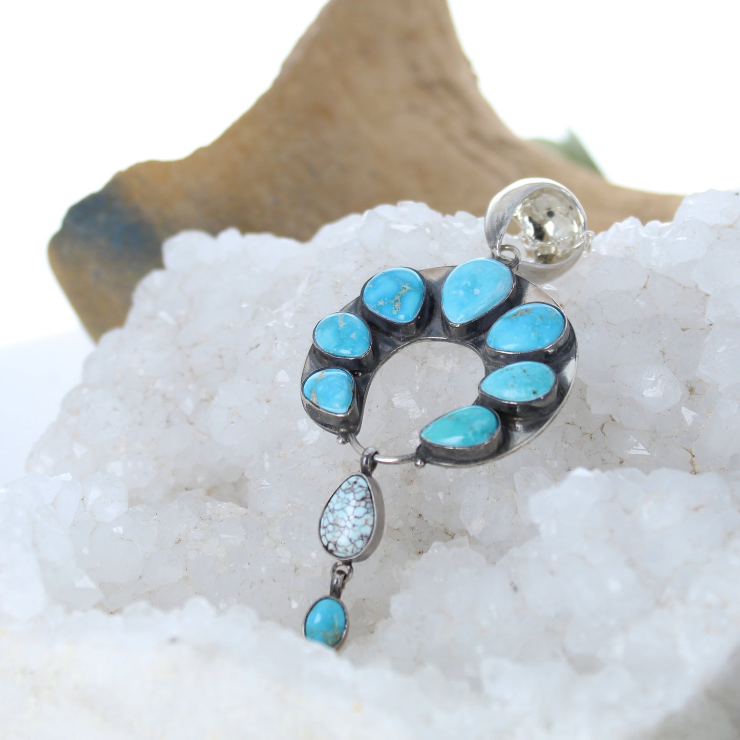 Blue Bird Naja Moon Pendant Sterling with Dry Creek Turquoise Accent -NewWorldGems