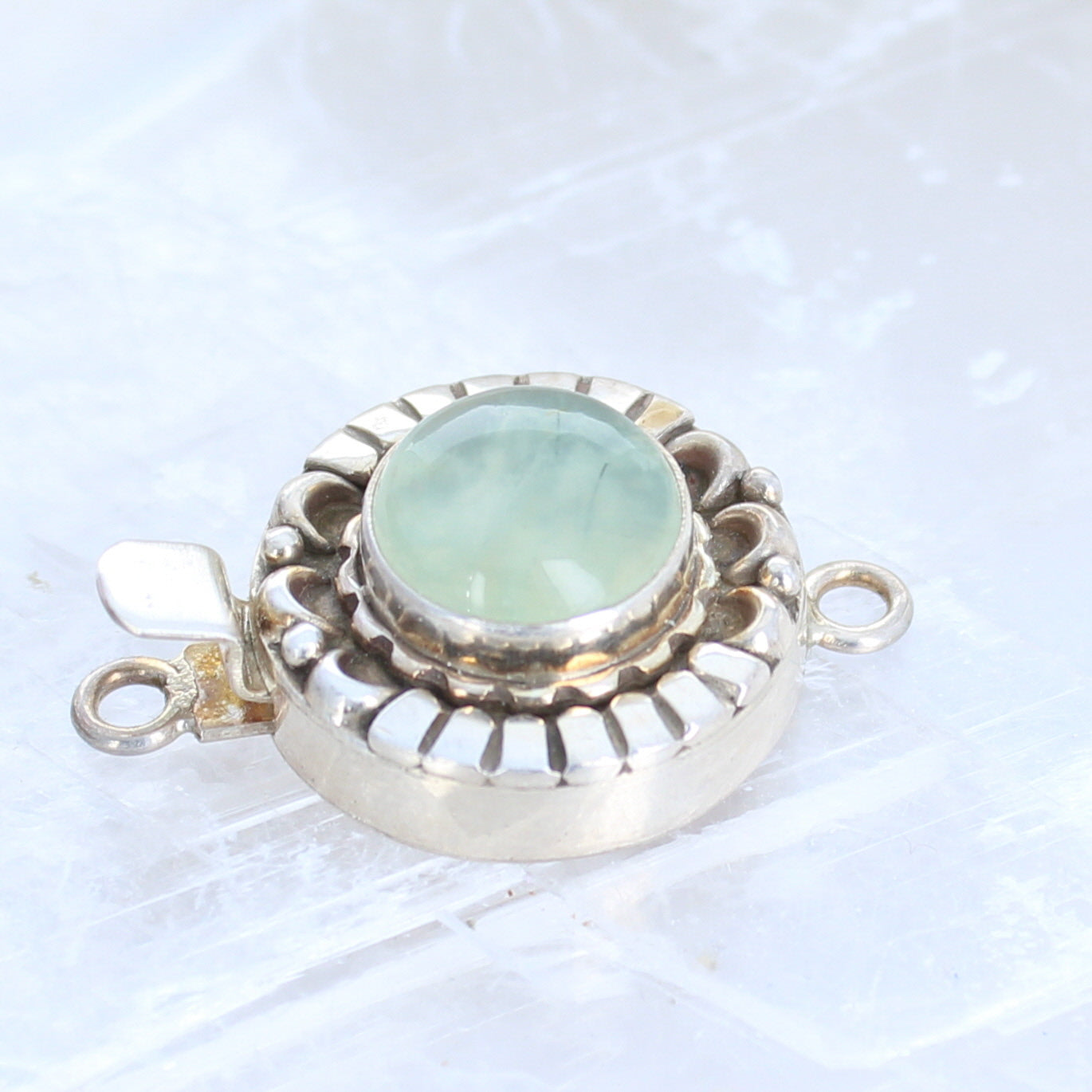 Prehnite Clasp Sterling Moon Petal Design 12.5mm Round -NewWorldGems