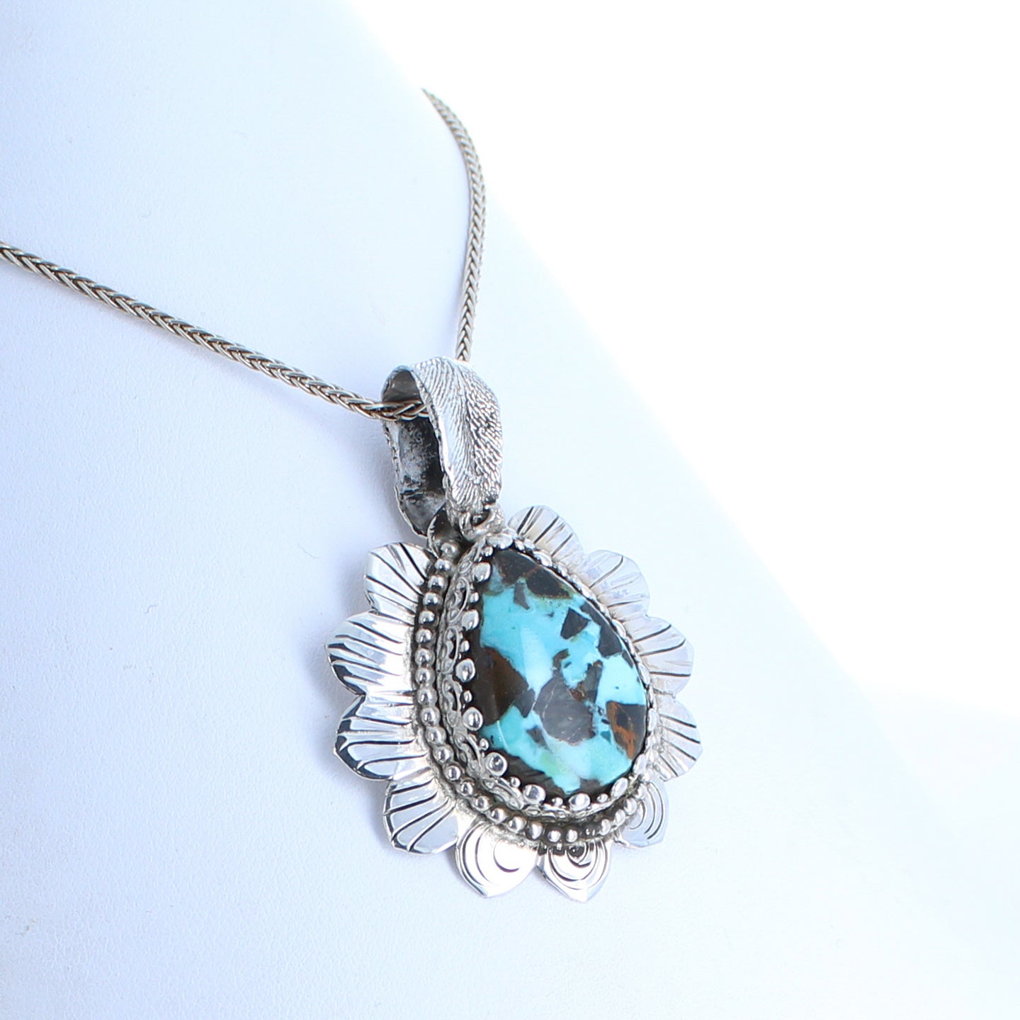 Carico Lake Turquoise Pendant Flower Teardrop Sterling Necklace -NewWorldGems