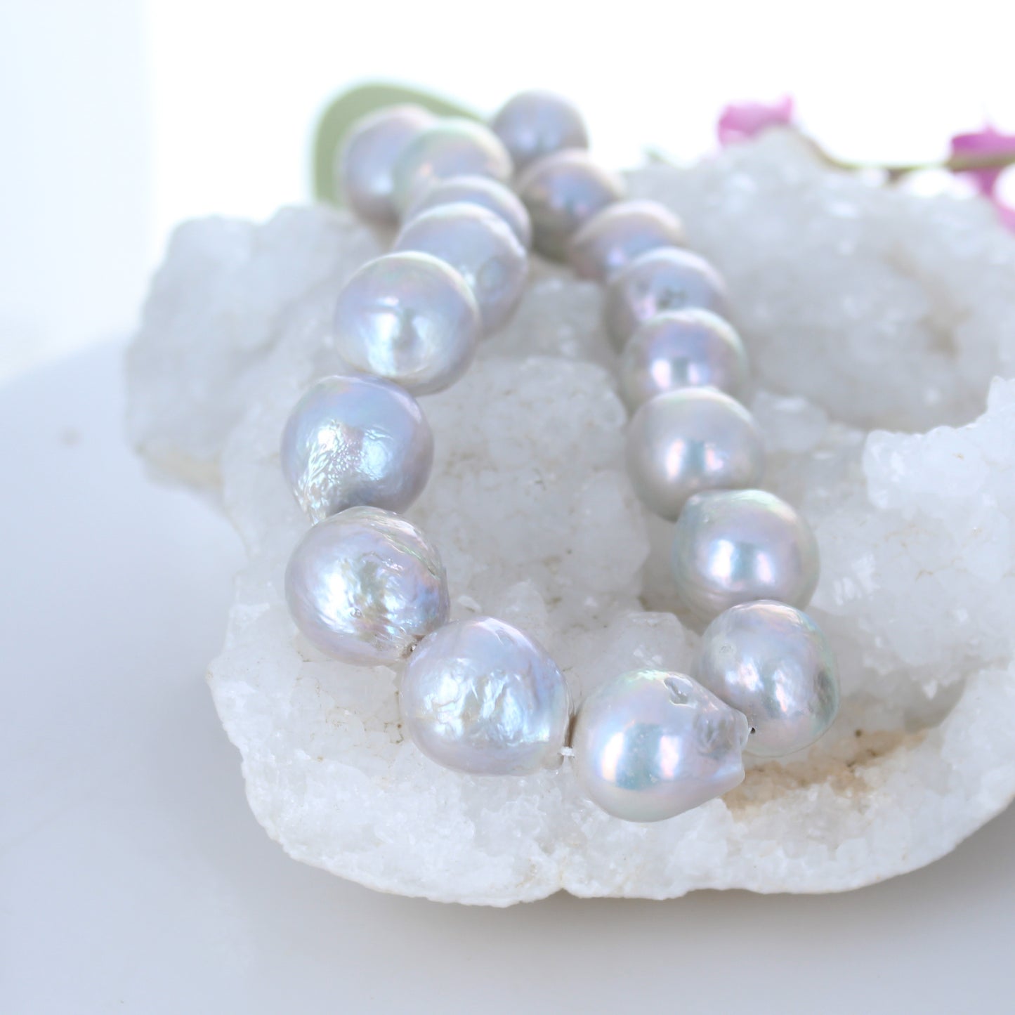 Large Silver Round Pearls 16.5mm 12.5" -NewWorldGems