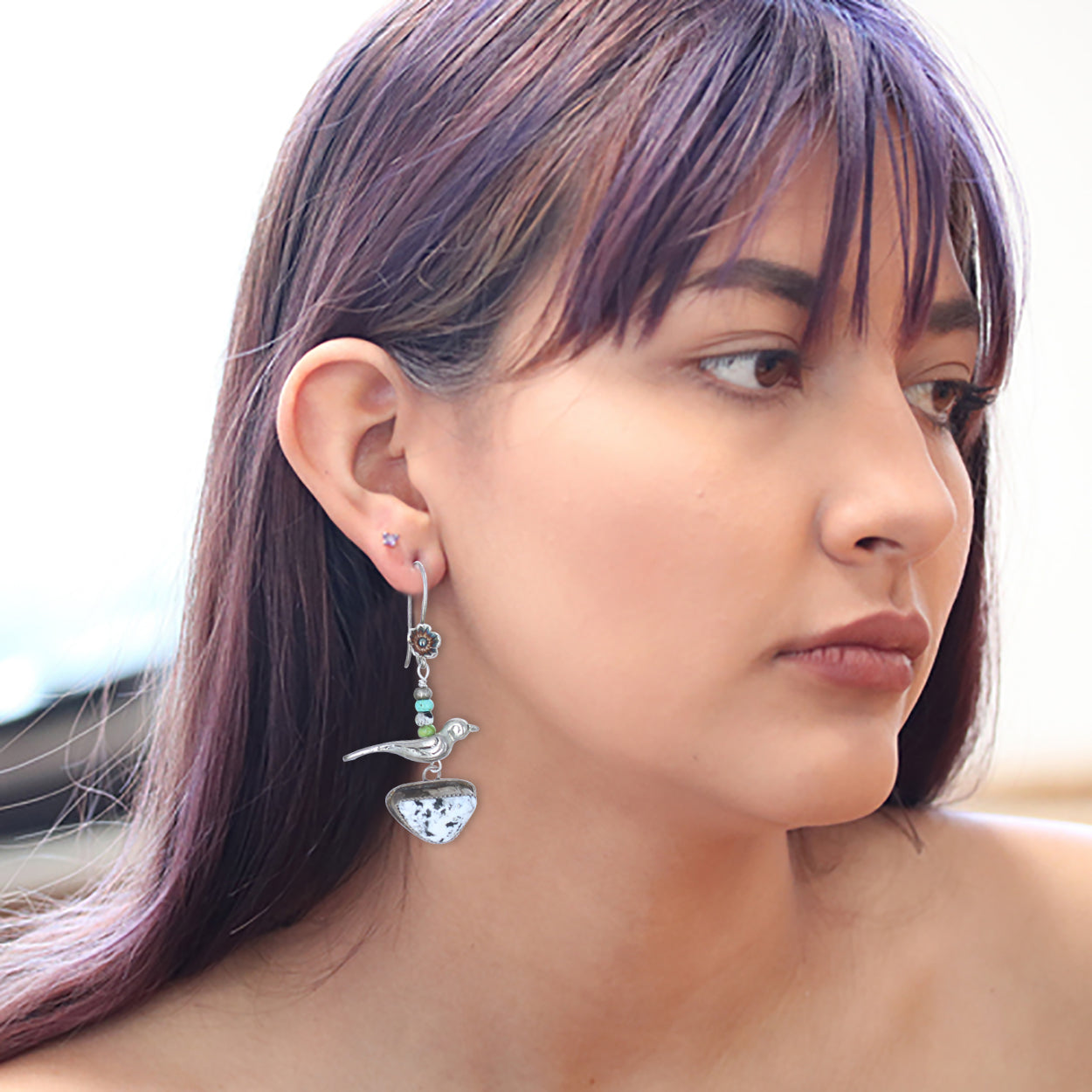 Gorgeous White Buffalo Sonoran Blue and White Turquoise Earrings Sterling Birds -NewWorldGems