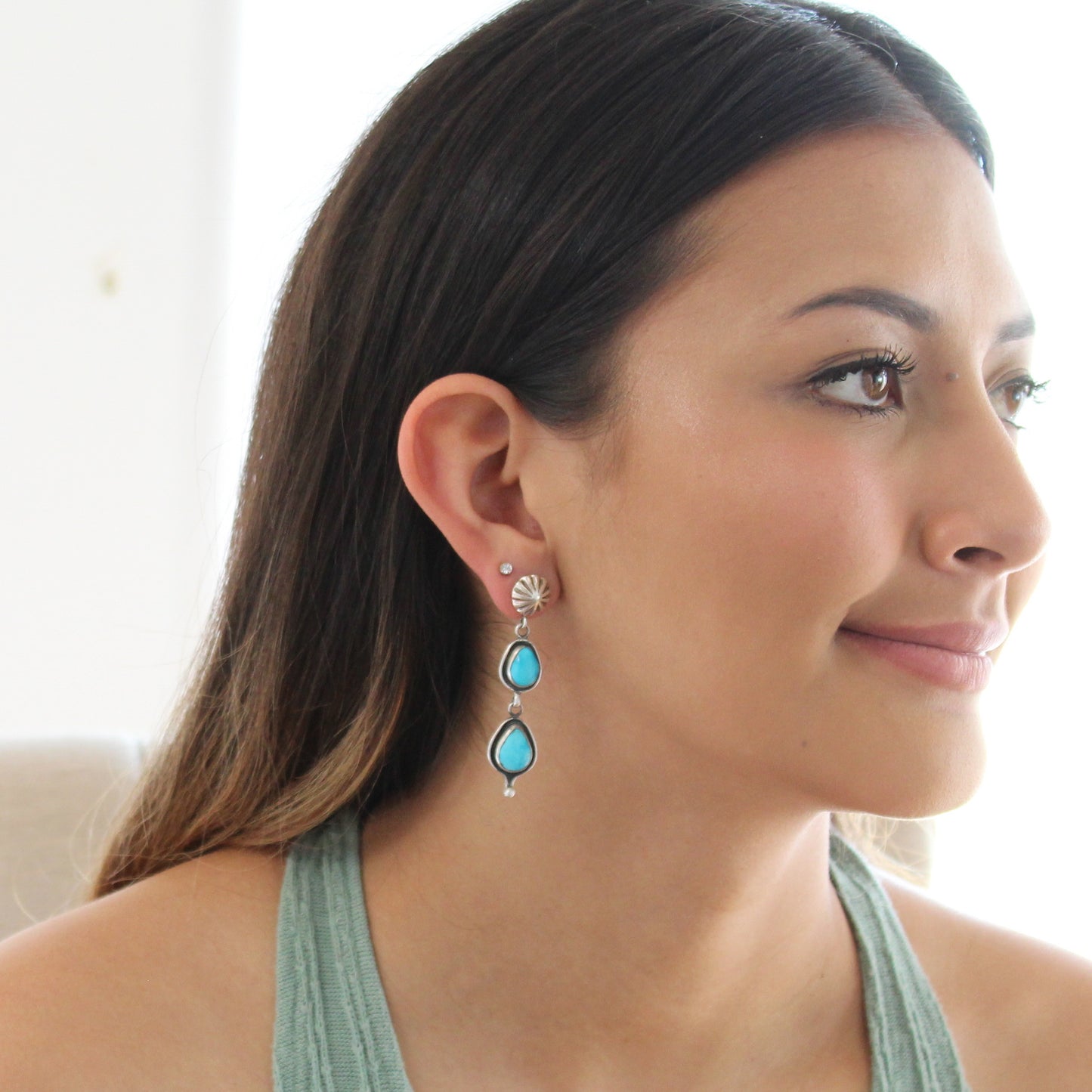Blue Ridge Orvil Jack Turquoise Earrings 2 Stone Sunburst Post -NewWorldGems