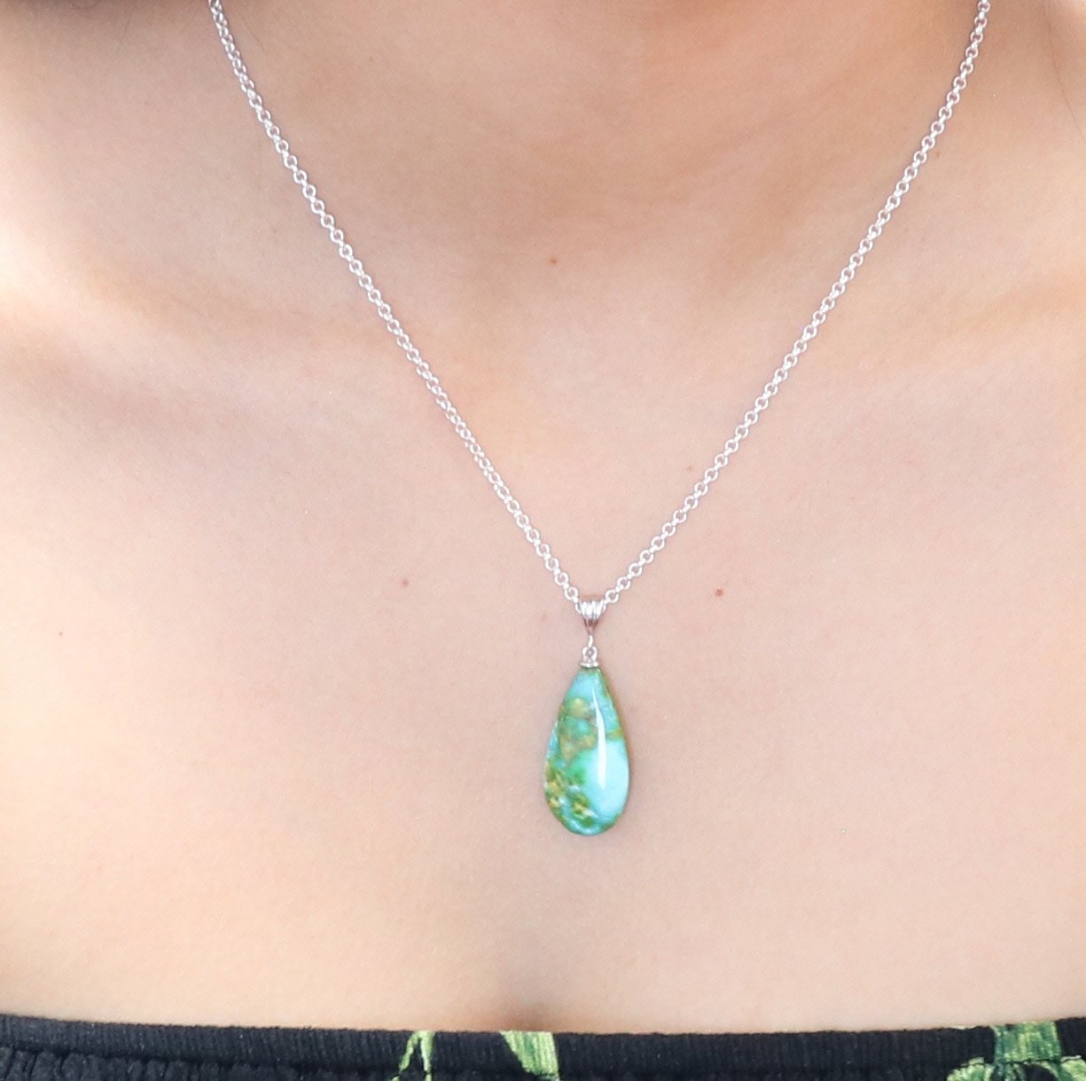 Turquoise Mountain Turquoise Pendant Sterling #2, -NewWorldGems