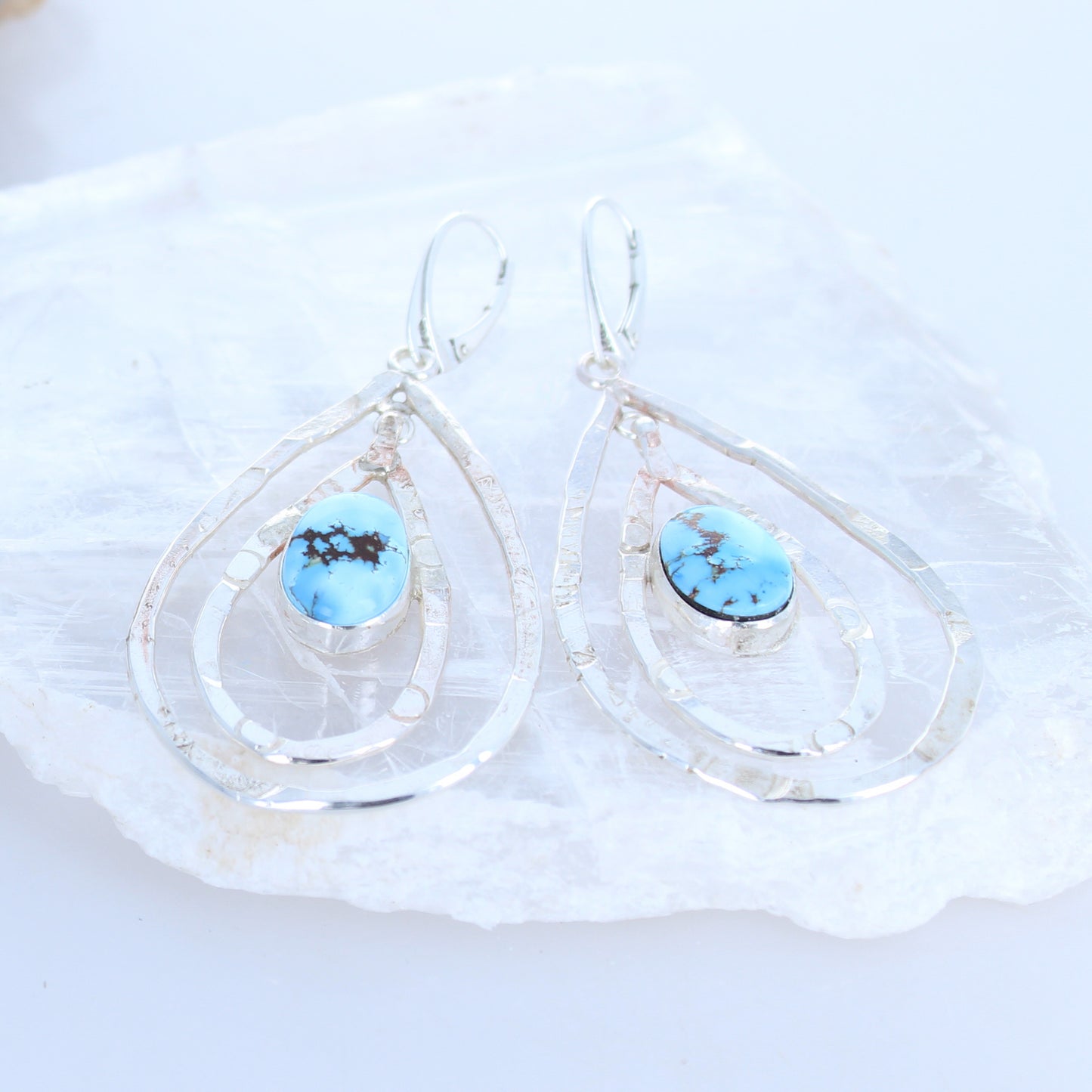 KAZAKHSTAN TURQUOISE Earrings Sterling Silver Double Teardrop Hoops -NewWorldGems