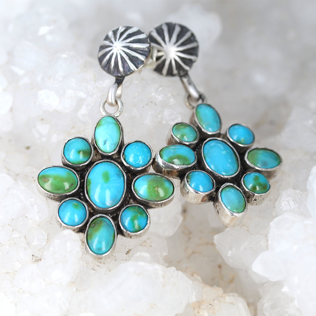 Blue Green Sonoran Gold Turquoise Flower Earrings Southwest 9 Stones -NewWorldGems