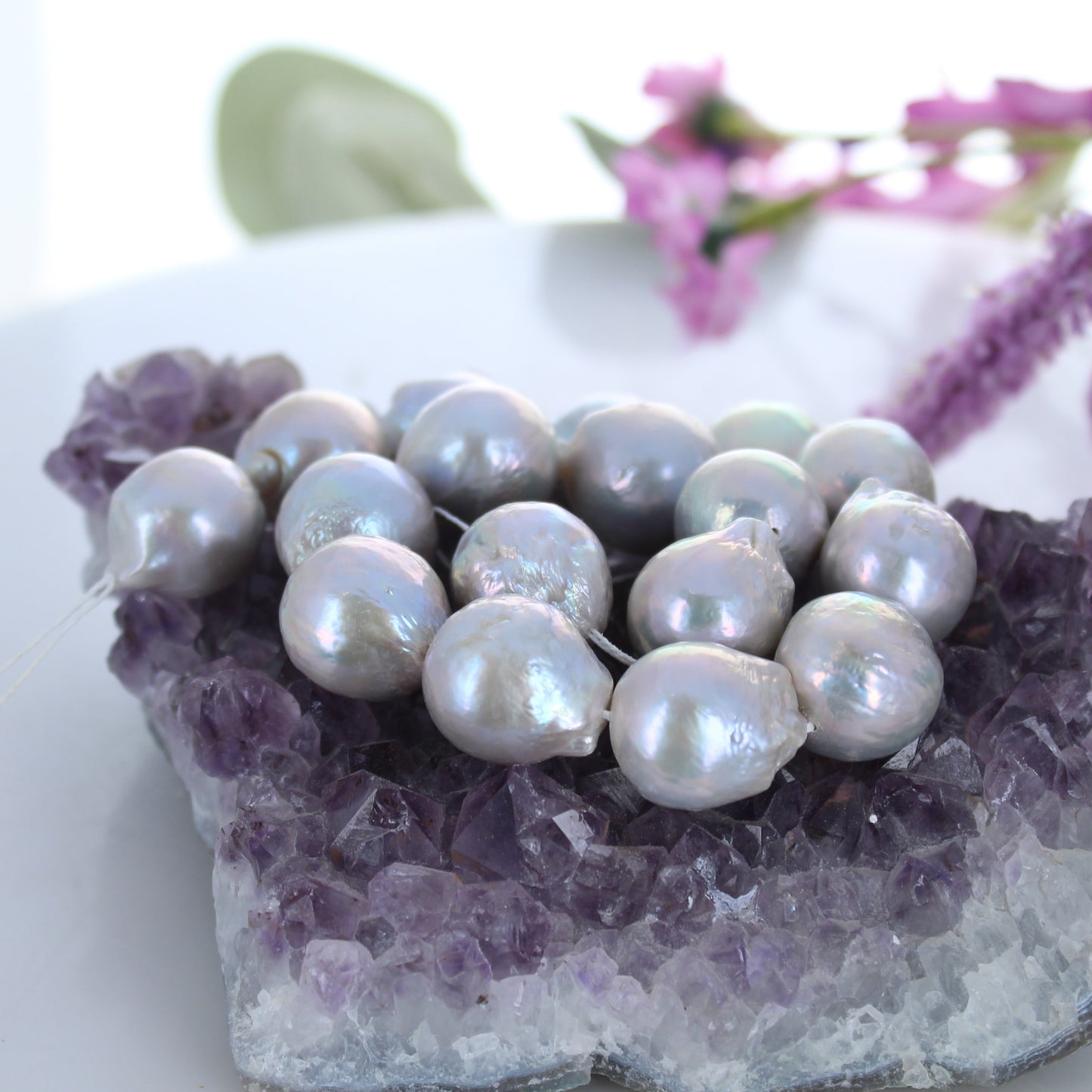 Large Silver Round Pearls 16.5mm 12.5" -NewWorldGems