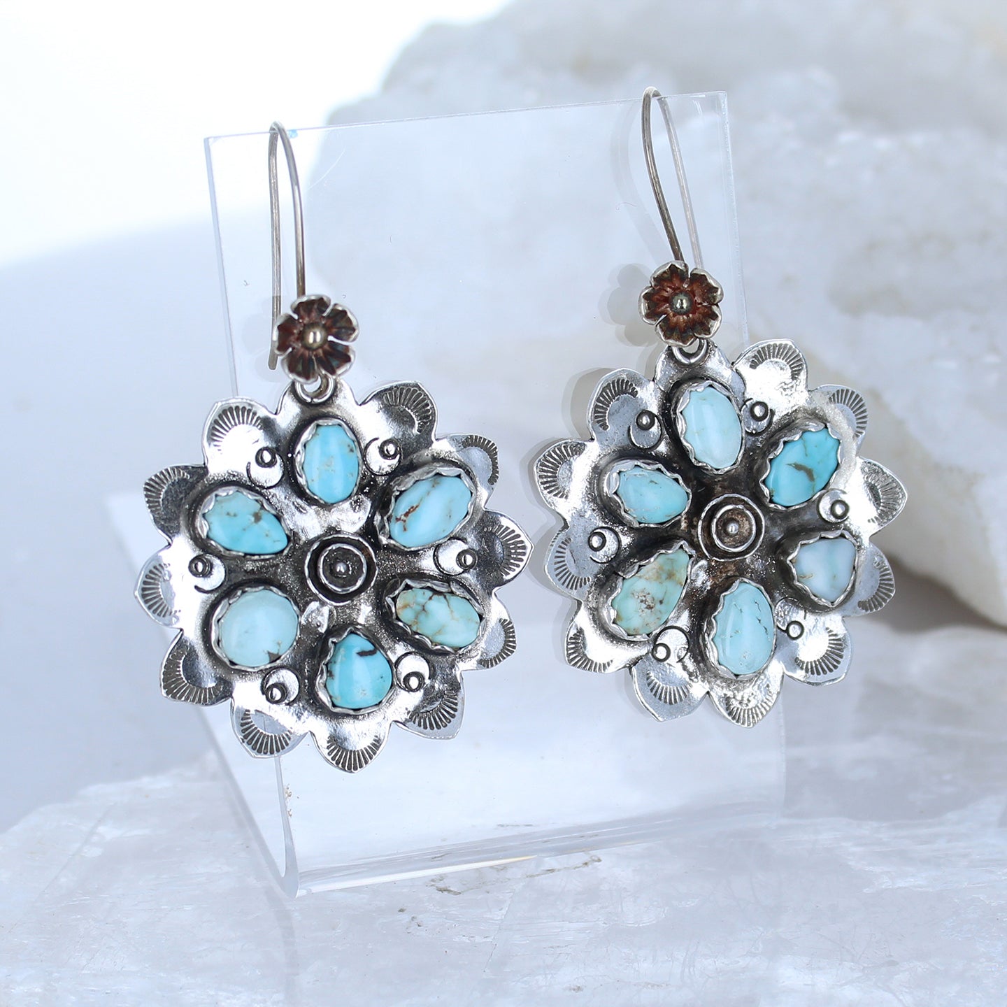 Unique Rare DRY CREEK Turquoise Mandala Flower Earrings Sterling -NewWorldGems