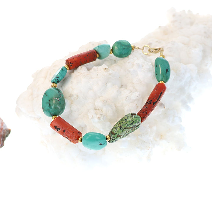 Antique Tibetan Turquoise with Coral Aand 18K Gold Bracelet #2 -NewWorldGems