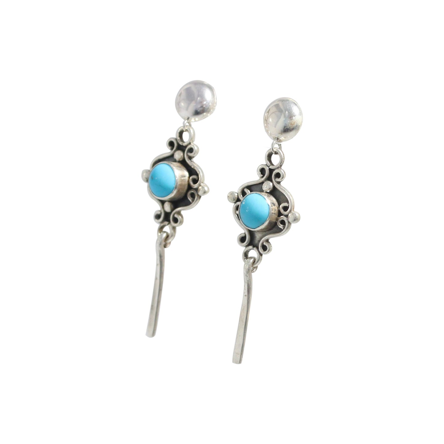 Sleeping Beauty Turquoise Earrings Sterling Scroll Design Dangles, -NewWorldGems