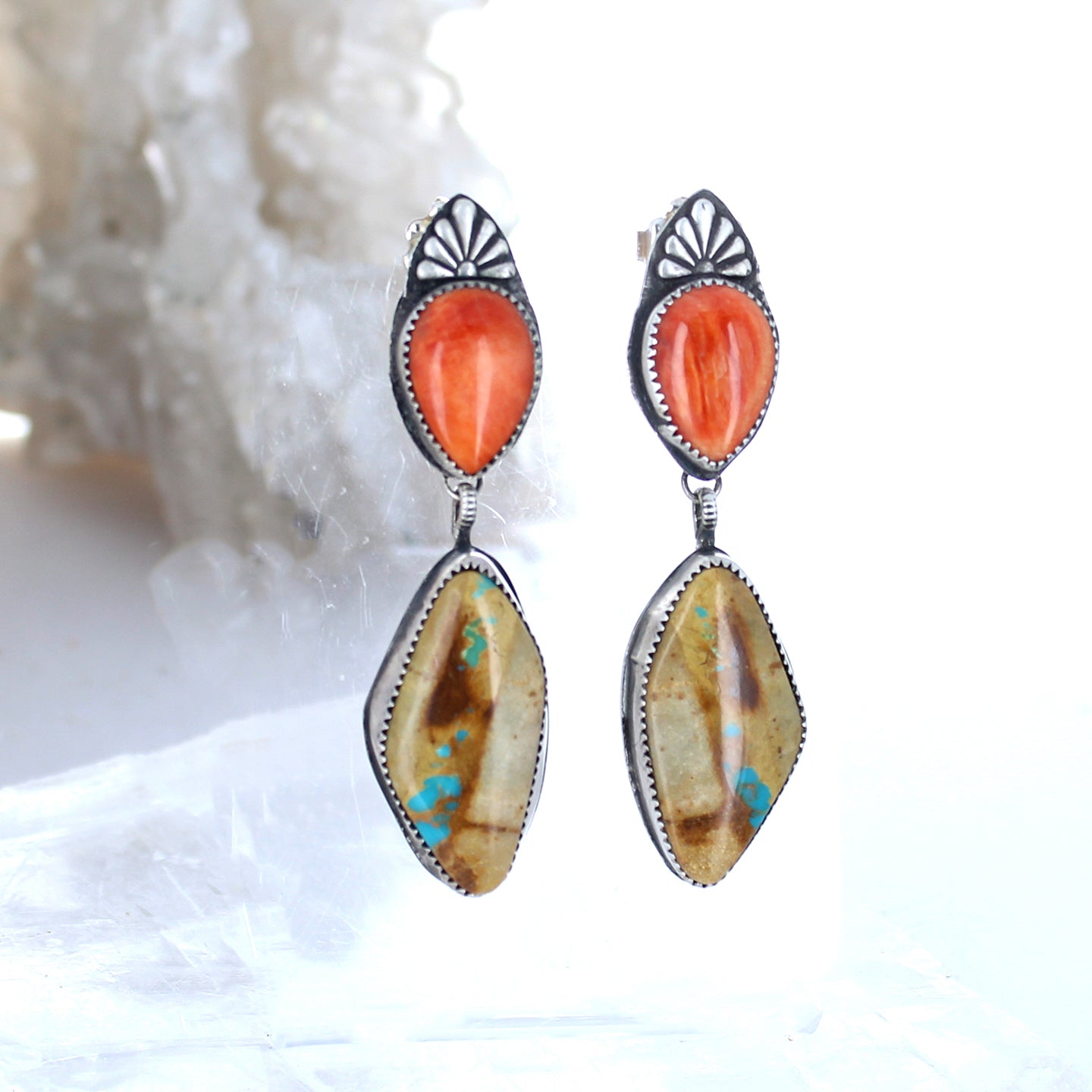 Dramatic Royston Turquoise Orange Spiny Oyster Earrings Southwest -NewWorldGems