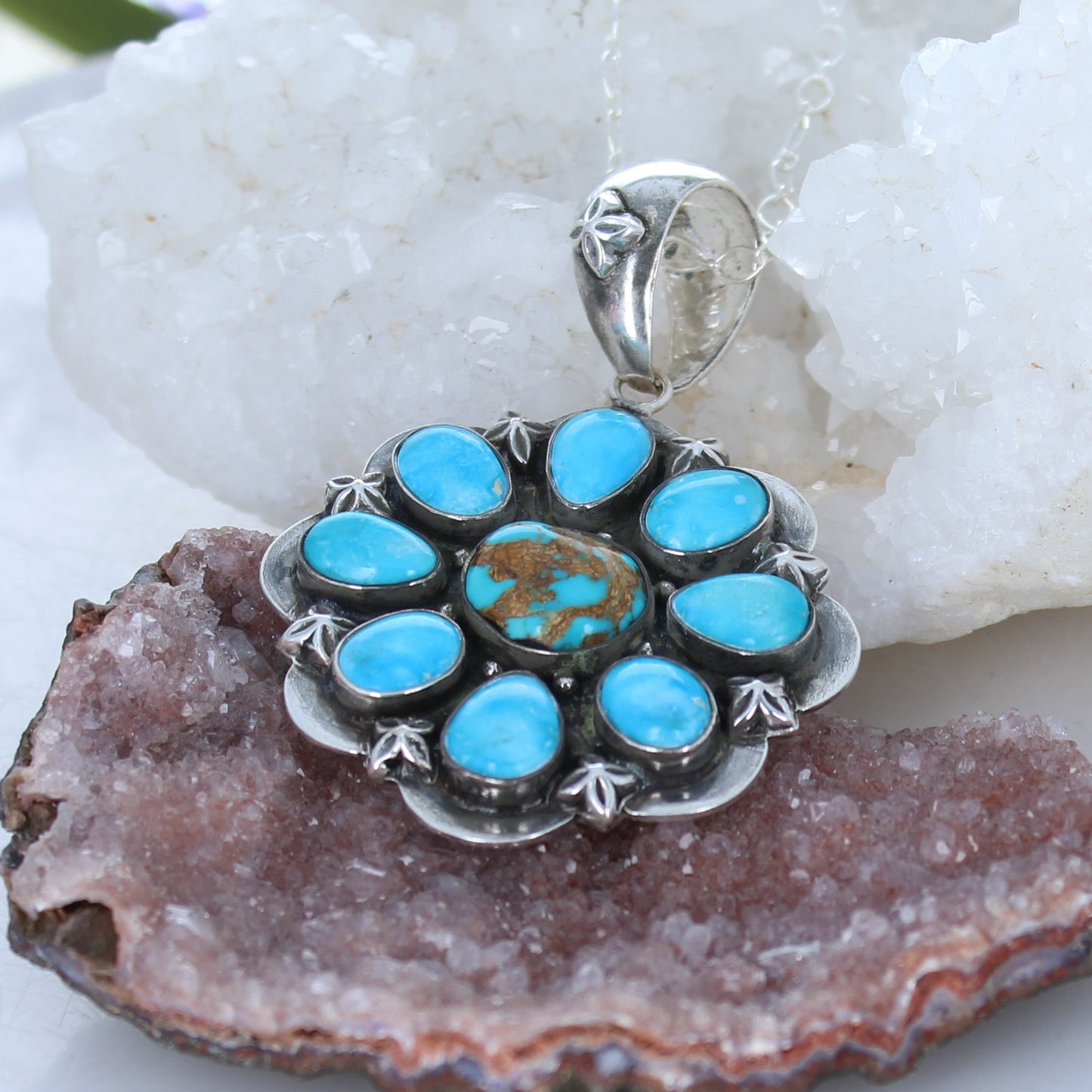 Blue Ridge Beauty Turquoise Pendant Sterling Silver 8 Petal -NewWorldGems