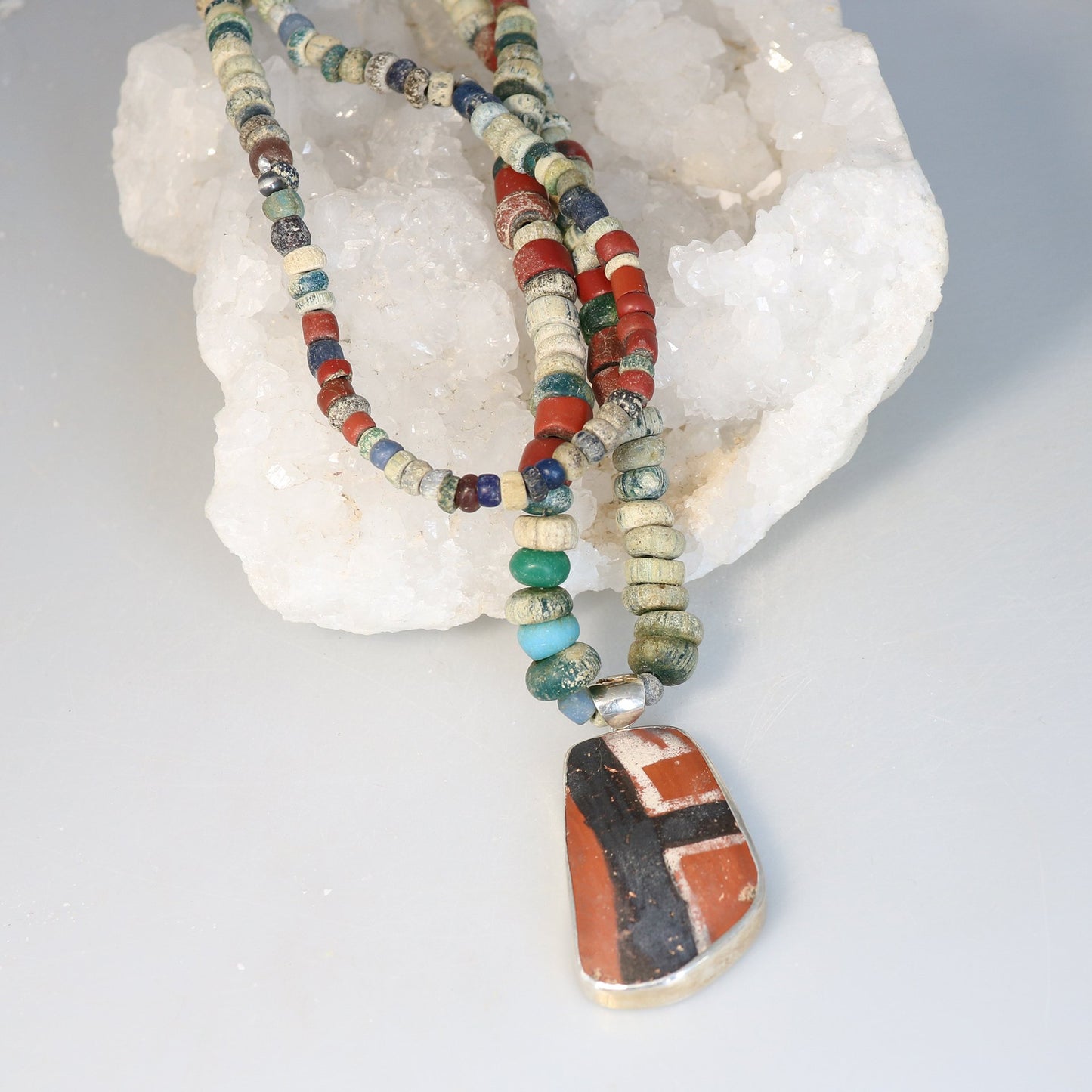 Djenne Ancient Blue Glass Beads Necklace With Anasazi Pottery Pendant -NewWorldGems