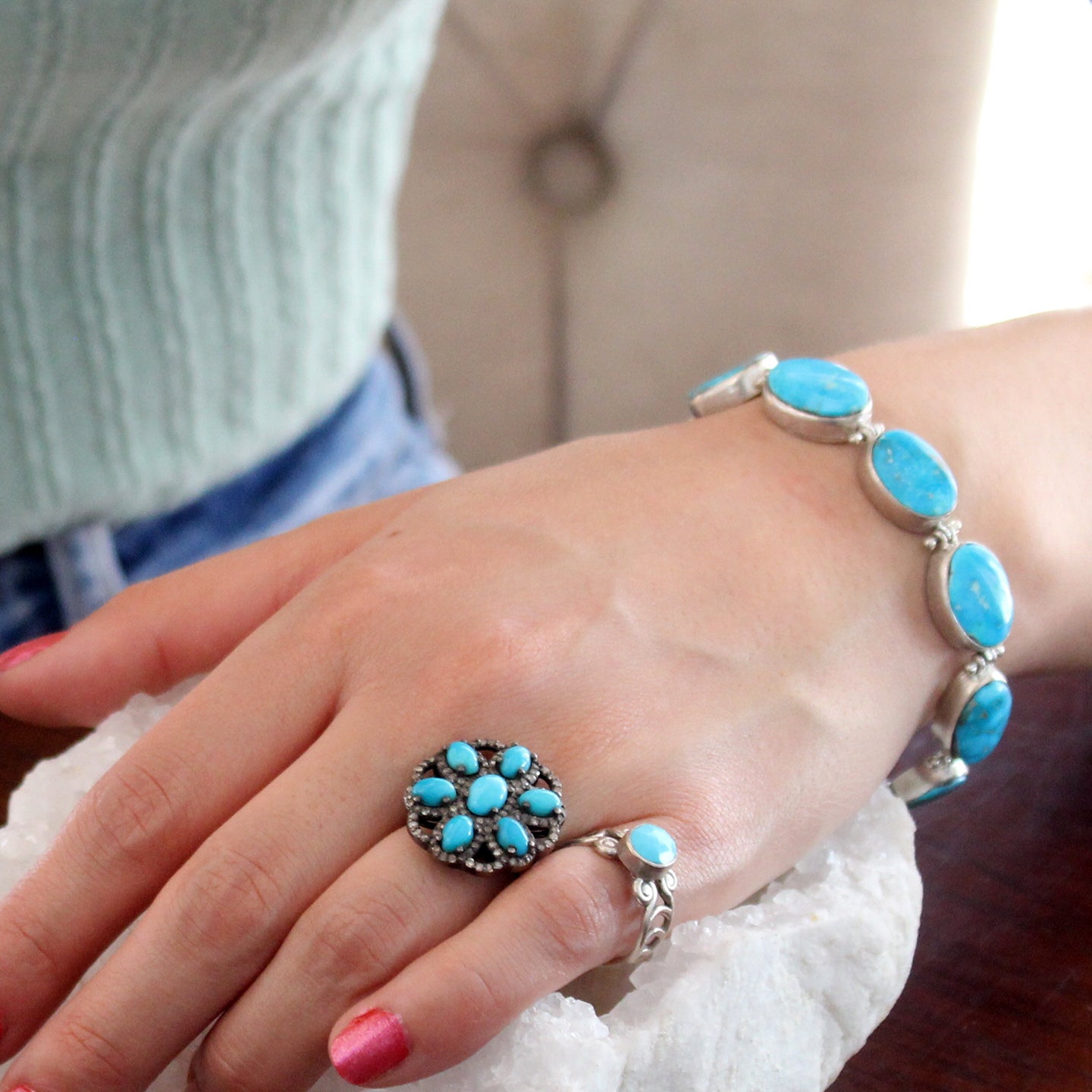 Blue Bird Nevada Turquoise Bracelet Sterling Silver Multi Stone -NewWorldGems