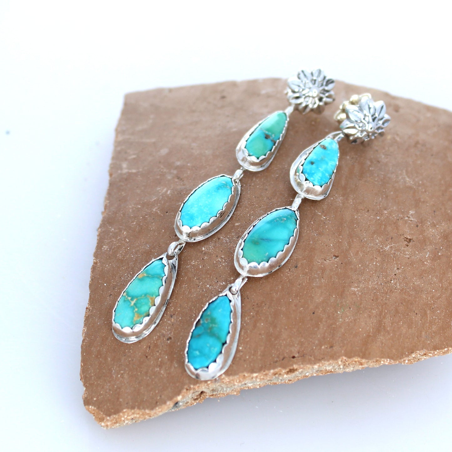 Emerald Valley Turquoise Earrings 3 Stone Dangles Floral Post -NewWorldGems