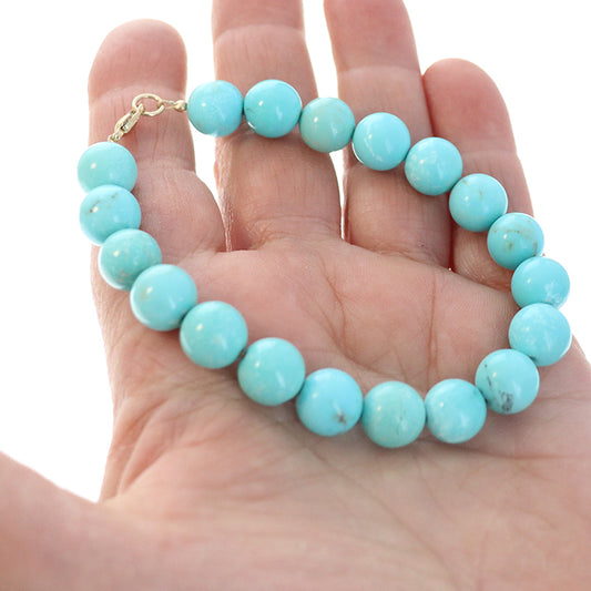 Robins Egg Blue Mexican Turquoise Round Beads Bracelet 14K Gold -NewWorldGems