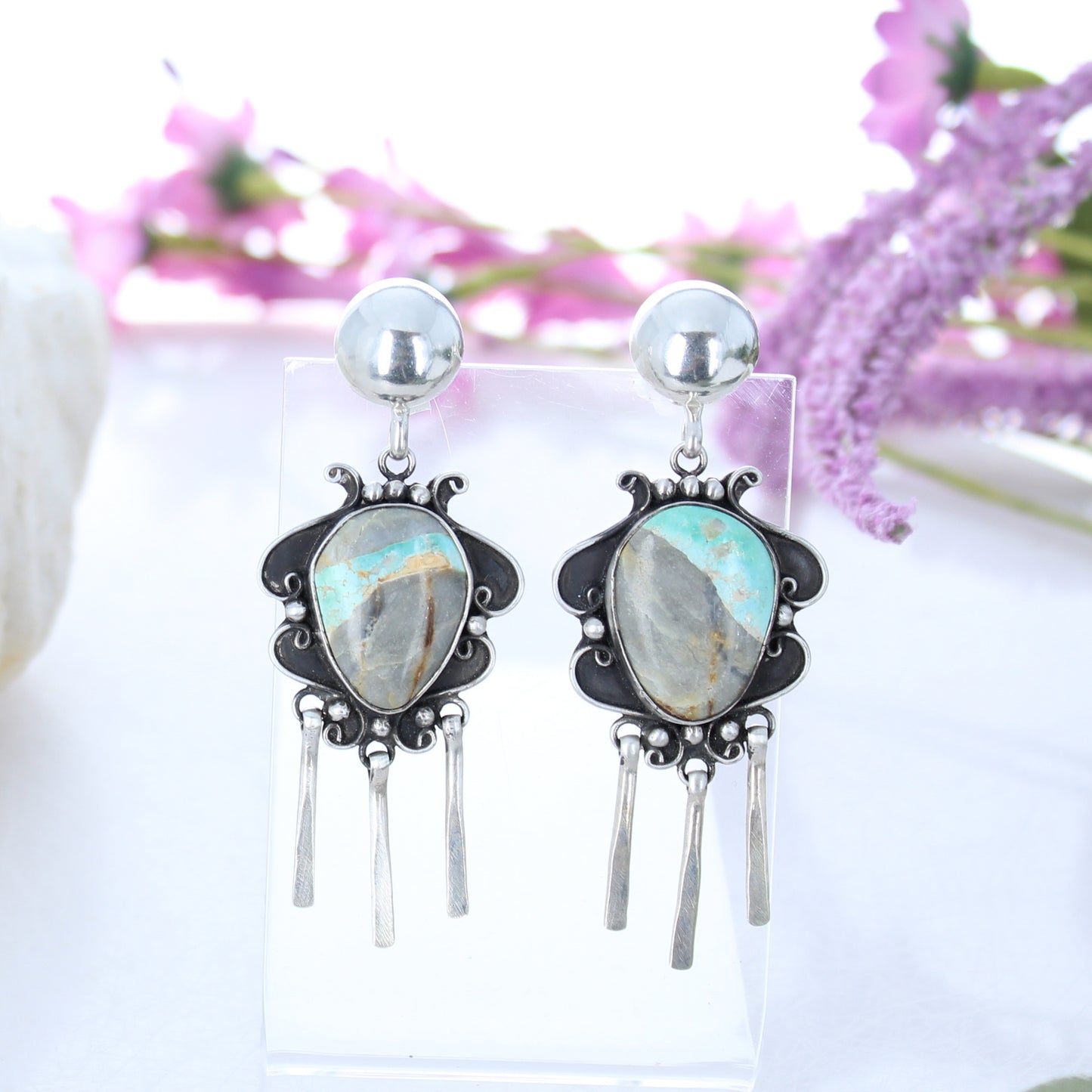 Pastel Royston Turquoise Scroll Earrings Sterling Blue Golden -NewWorldGems