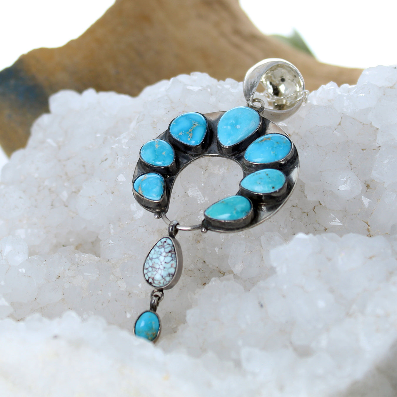 Blue Bird Naja Moon Pendant Sterling with Dry Creek Turquoise Accent -NewWorldGems